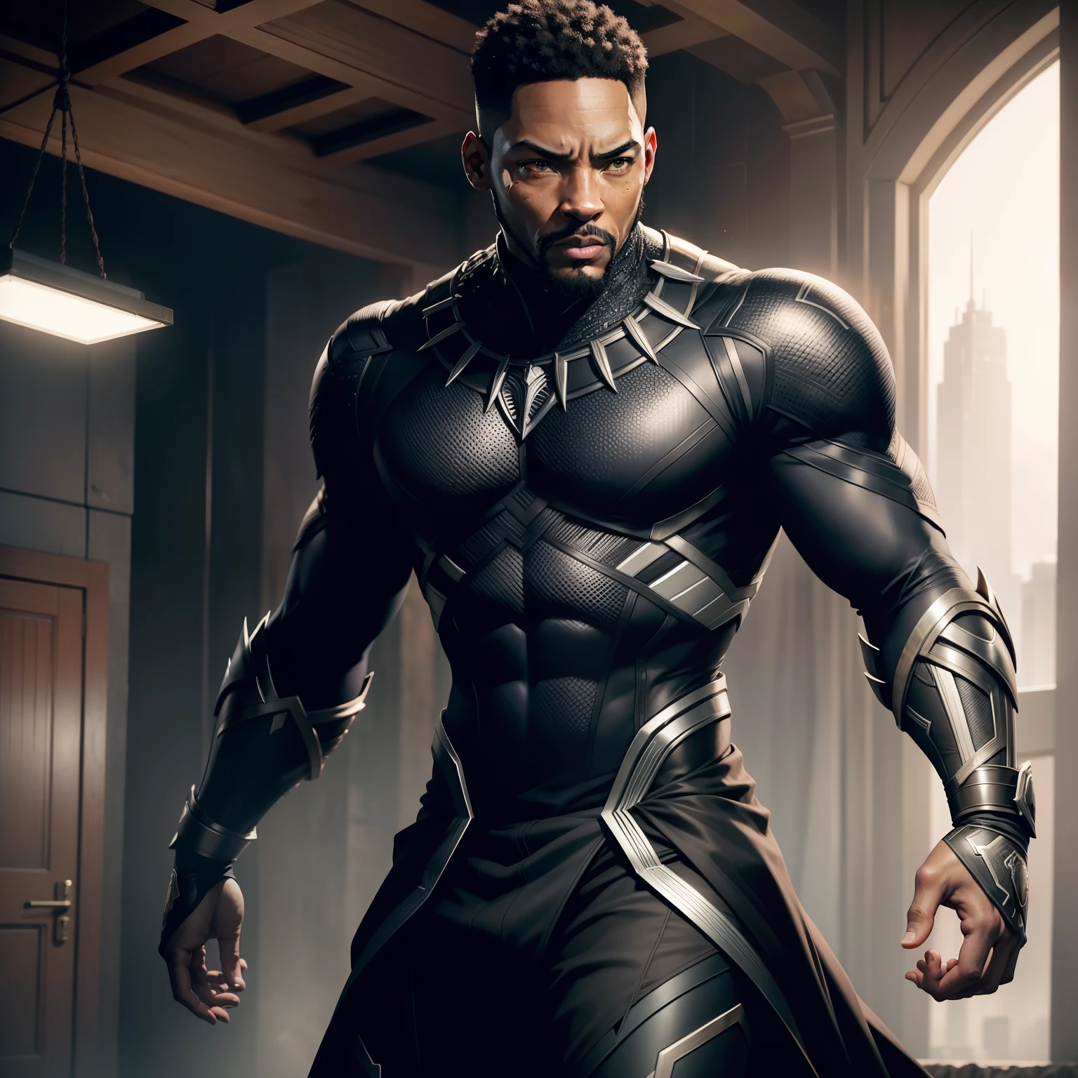 Black Panther - black man, fine art, ps5 cinematic screenshot, with Will Smith's face, doing the wankada - man, black, detailed cinematic rendering, ultra photorealistic raytricing, with cinematic lighting