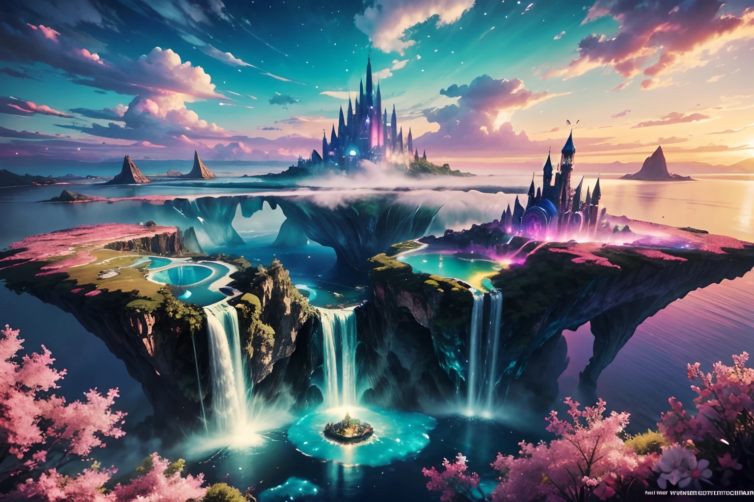 Envision a mesmerizing scene of a magnificent realm of romantic dreams. The environment is filled with intricate floating islands, fluffy clouds, waterfalls cascading from the floating islands, and a vibrant, surreal atmosphere. The atmosphere is filled with a sense of wonder and tranquility. Include many shades of vibrant jewel-toned hues. This scene will be depicted in an anime-style illustration, with soft lines, pastel colors, and a whimsical touch. All buildings are extremely detailed and elegant. The artwork will capture the ethereal beauty and tranquility of the dreamlike realm, creating a sense of harmony and escape from the ordinary world. Include teal water, colorful watercolor skies, glowing elements, and many small fantasy details including iridescence, expertly created majestic landscapes, and shimmer and glimmer. Above all else, this should look like a fantasy artwork. Include lots of vibrant color and vaguely surreal details.