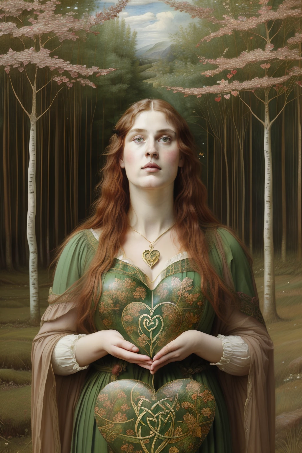 (((Pre-Raphaelite painting of a heart with devotion, It is covered by alder leaves in a Celtic landscape)))