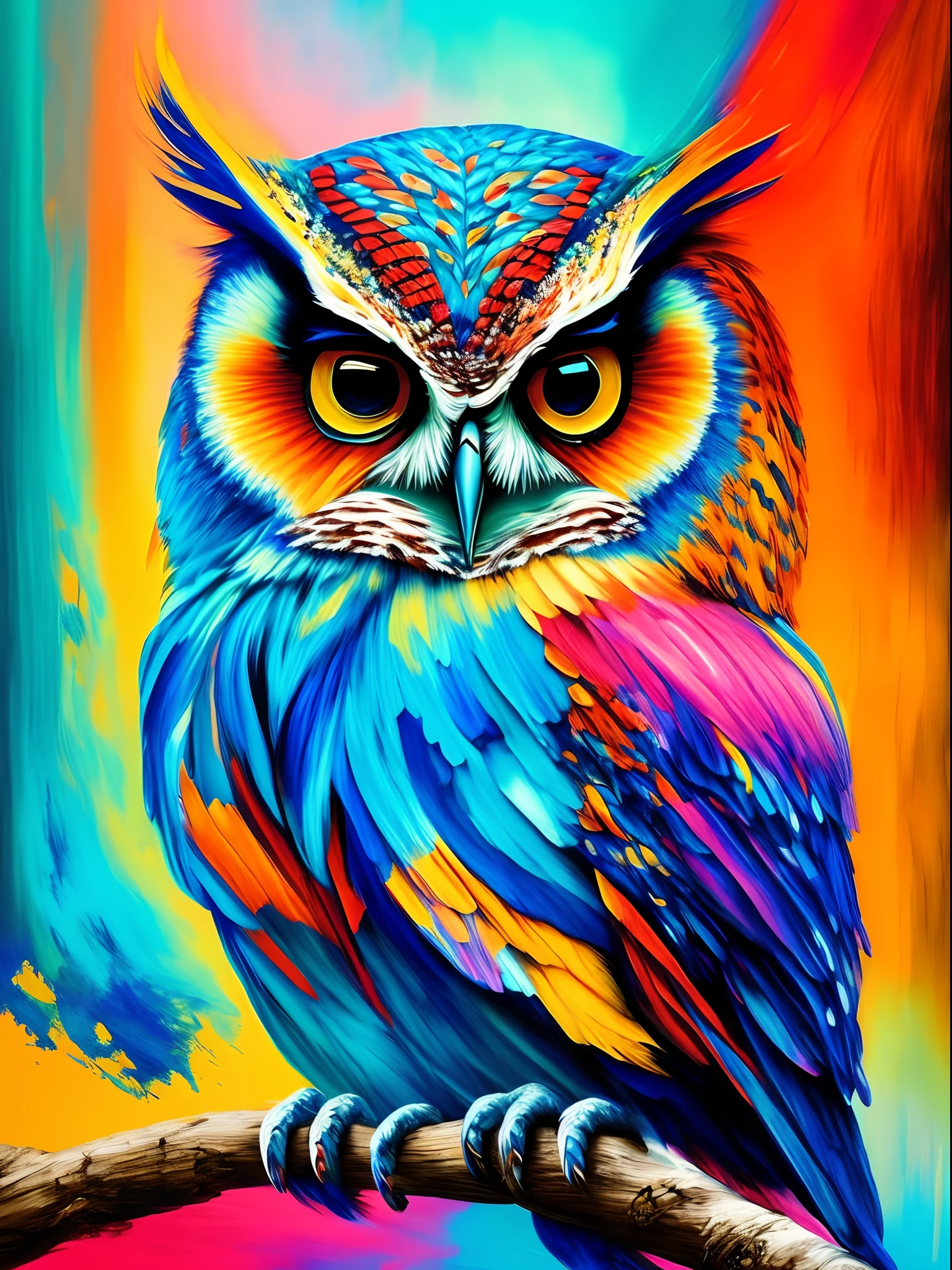 Brightly colored owl sitting on a branch with bits of paint, Arte de Alessandro Pautasso, lleno de colores y ricos detalles, Radiant owl, colores brillantes muy detallados, Hermoso arte UHD 4 K, Colores de alto detalle, pintado en acuarelas brillantes, lleno de colores, Pintura detallada 4 K, colorido hiperdetallado, extremadamente colorido, Ilustraciones coloridas, Pintura colorida