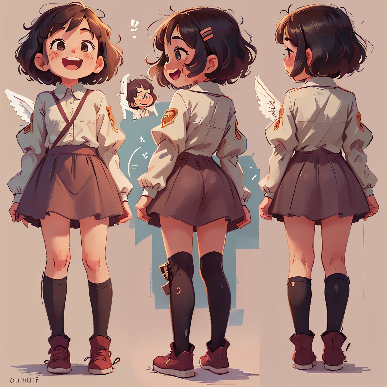 a girl with short curly hair, Happy
((From several different angles))
from opposite, From behind, from the profile,
 Full body,  different angels,
 in the style of childreb book charecter, charecter sheet, white background, adjective + object, character sheet, children book character, white background