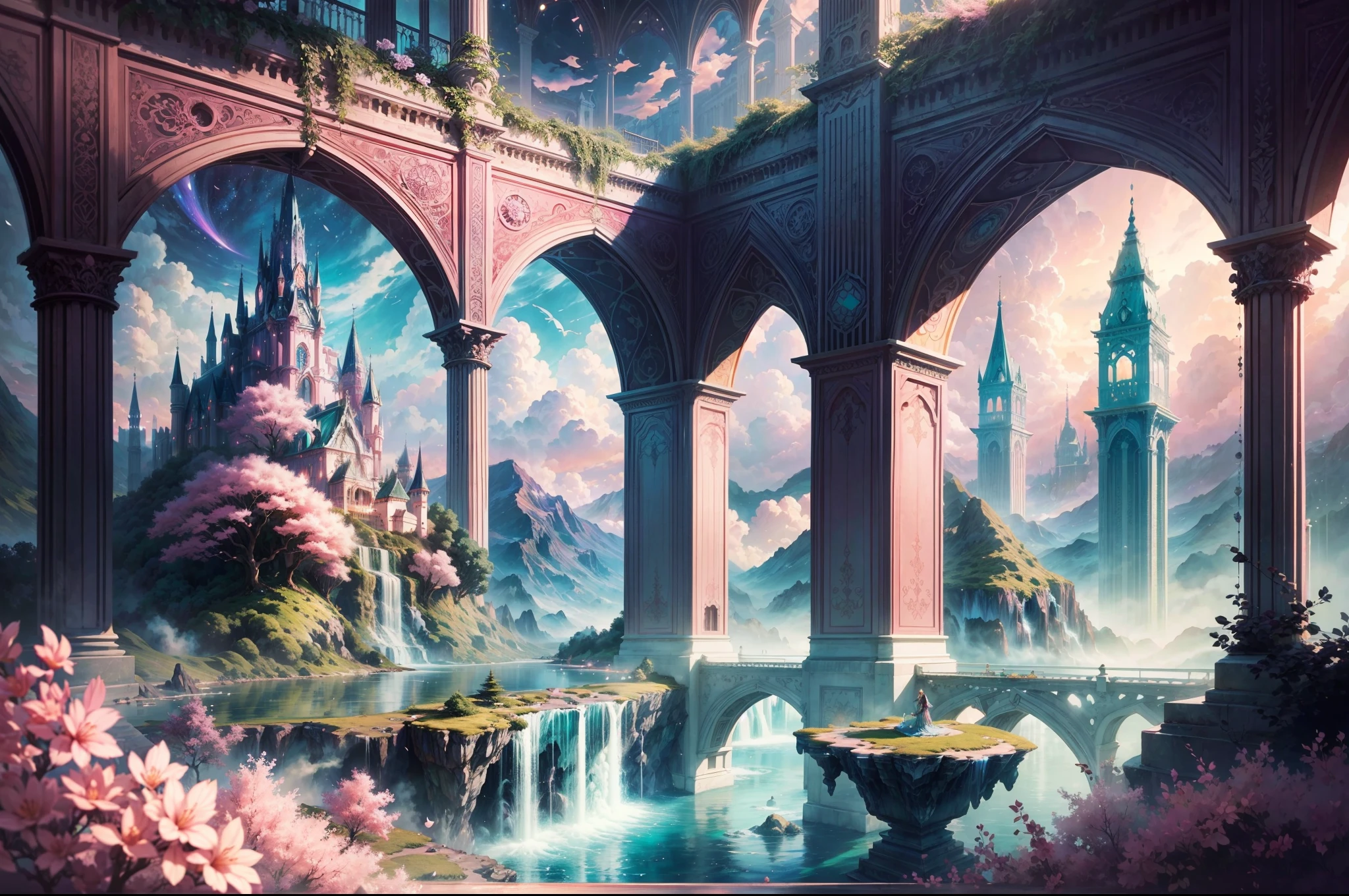 Envision a mesmerizing scene of a magnificent realm of romantic dreams. The environment is filled with intricate floating islands, fluffy clouds, waterfalls cascading from the floating islands, and a vibrant, surreal atmosphere. The atmosphere is filled with a sense of wonder and tranquility. Include many shades of pink in the image along with other vibrant jewel-toned hues. This scene will be depicted in an anime-style illustration, with soft lines, pastel colors, and a whimsical touch. All buildings are extremely detailed and elegant. The artwork will capture the ethereal beauty and tranquility of the dreamlike realm, creating a sense of harmony and escape from the ordinary world. Include teal water, colorful watercolor skies, glowing elements, and many small fantasy details including iridescence, expertly created majestic landscapes, and shimmer and glimmer. Above all else, this should look like a fantasy artwork.