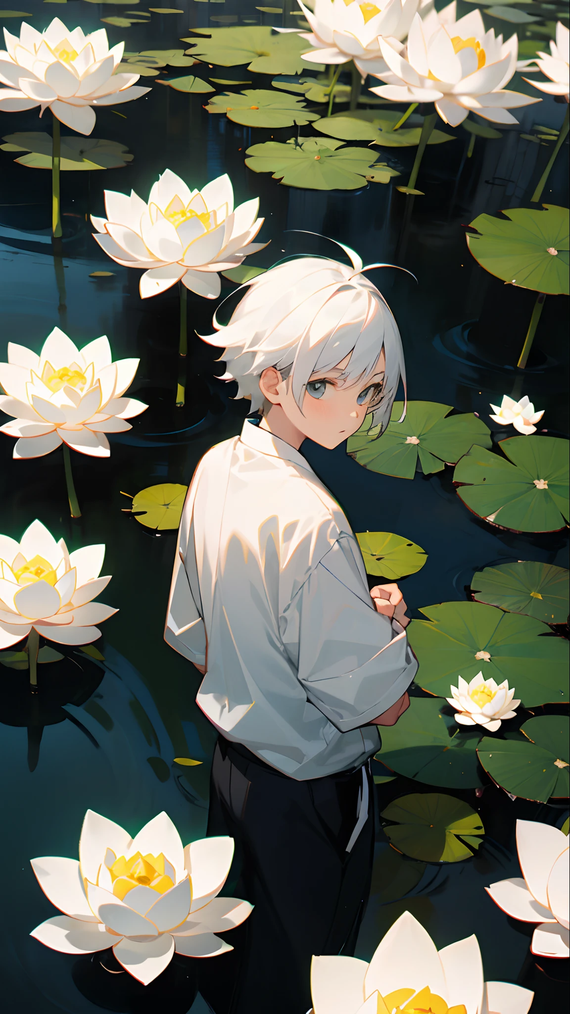 White haired boy looking at white lotus flowers in the river