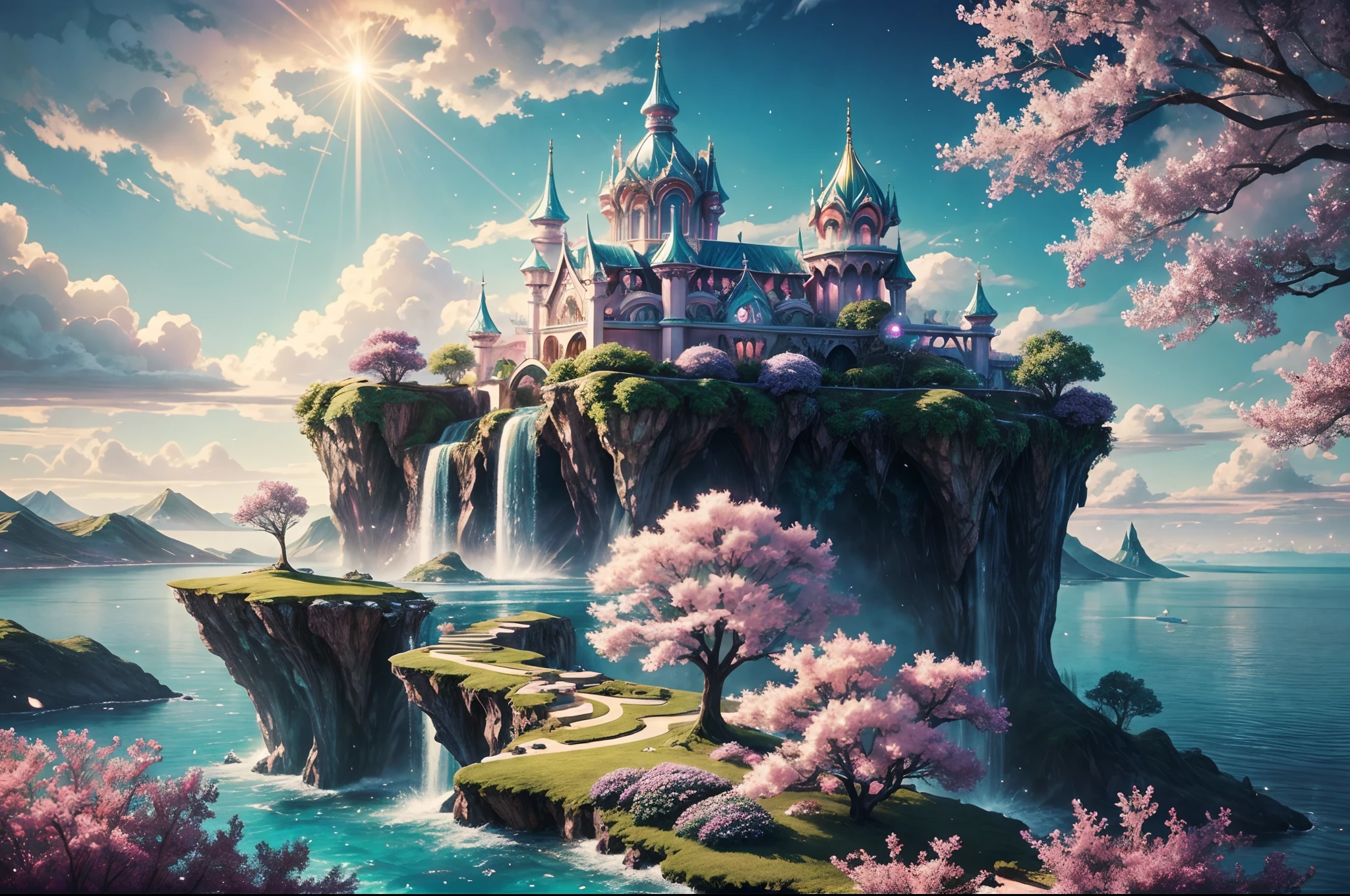 Envision a mesmerizing scene of a magnificent realm of romantic dreams. The environment is filled with intricate floating islands, fluffy clouds, waterfalls cascading from the floating islands, and a vibrant, surreal atmosphere. The atmosphere is filled with a sense of wonder and tranquility. Include many shades of vibrant jewel-toned hues. This scene will be depicted in an anime-style illustration, with soft lines, pastel colors, and a whimsical touch. All buildings are extremely detailed and elegant. The artwork will capture the ethereal beauty and tranquility of the dreamlike realm, creating a sense of harmony and escape from the ordinary world. Include teal water, colorful watercolor skies, glowing elements, and many small fantasy details including iridescence, expertly created majestic landscapes, and shimmer and glimmer. Above all else, this should look like a fantasy artwork. Include lots of vibrant color and vaguely surreal details.