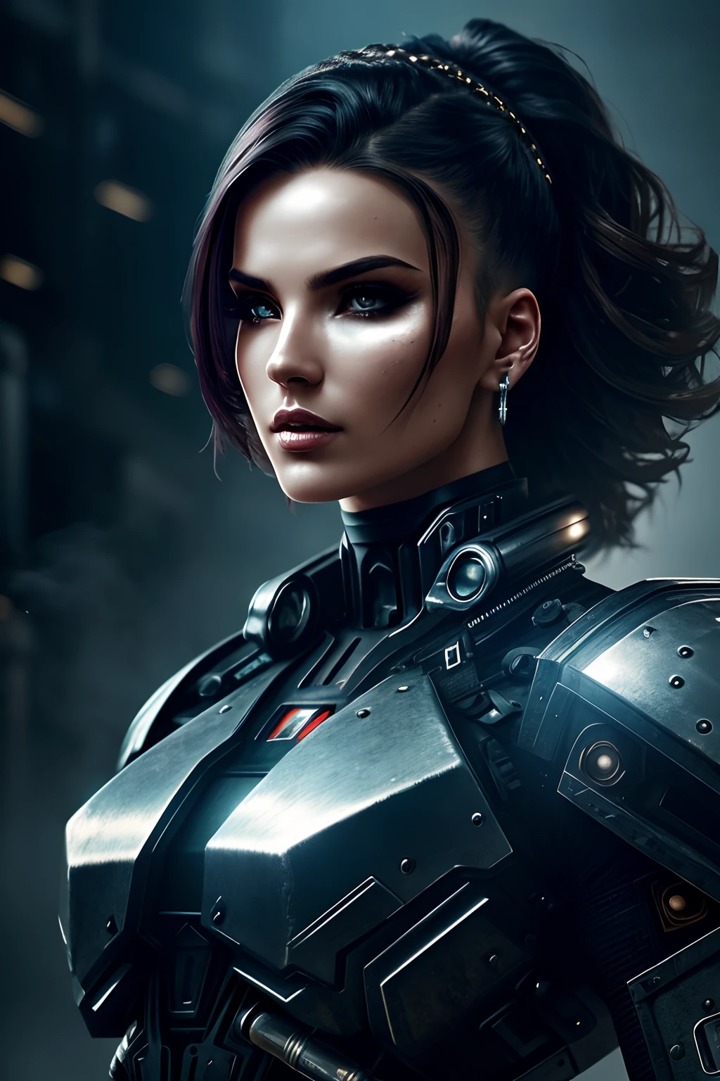 a beautiful woman cyborg warrior in the Style-RustMagic, cyberpunk augmentation, cyberware, cyborg, carbon fiber, chrome, implants, metal skull, cyber plate armor, (dark atmosphere:1.2), (fog & smoke), (dark night:1.3), scars, (dark medium length disheveled hair:1.1), (eyeshadow:1.1), (beautifully detailed glow:1.2), (Cinematic lighting), intricate detail, highres, rounded eyes, detailed facial features, sharp focus, smooth, aesthetic, detailed dark industrial factory background, stylish pose, dynamic pose, (dramapaint), (opt-6000:0.9)