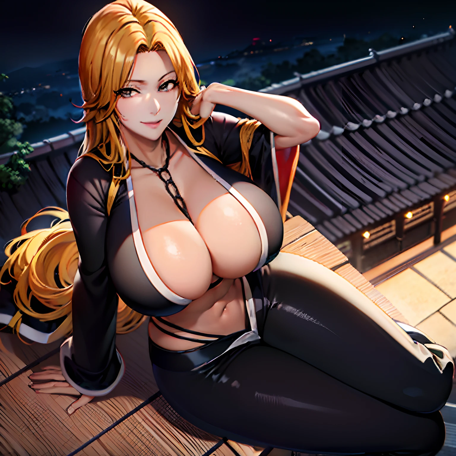 1girl,rangiku, solo, long black haori with deep breast, from above, ((city)), legs, blonde hair,big breast,best quality, ultra high res, (photorealistic:1.4),((night)),star \(sky\),sport bra, yoga pant, ((puffy eyes)),looking at viewer, happy, sexy girl