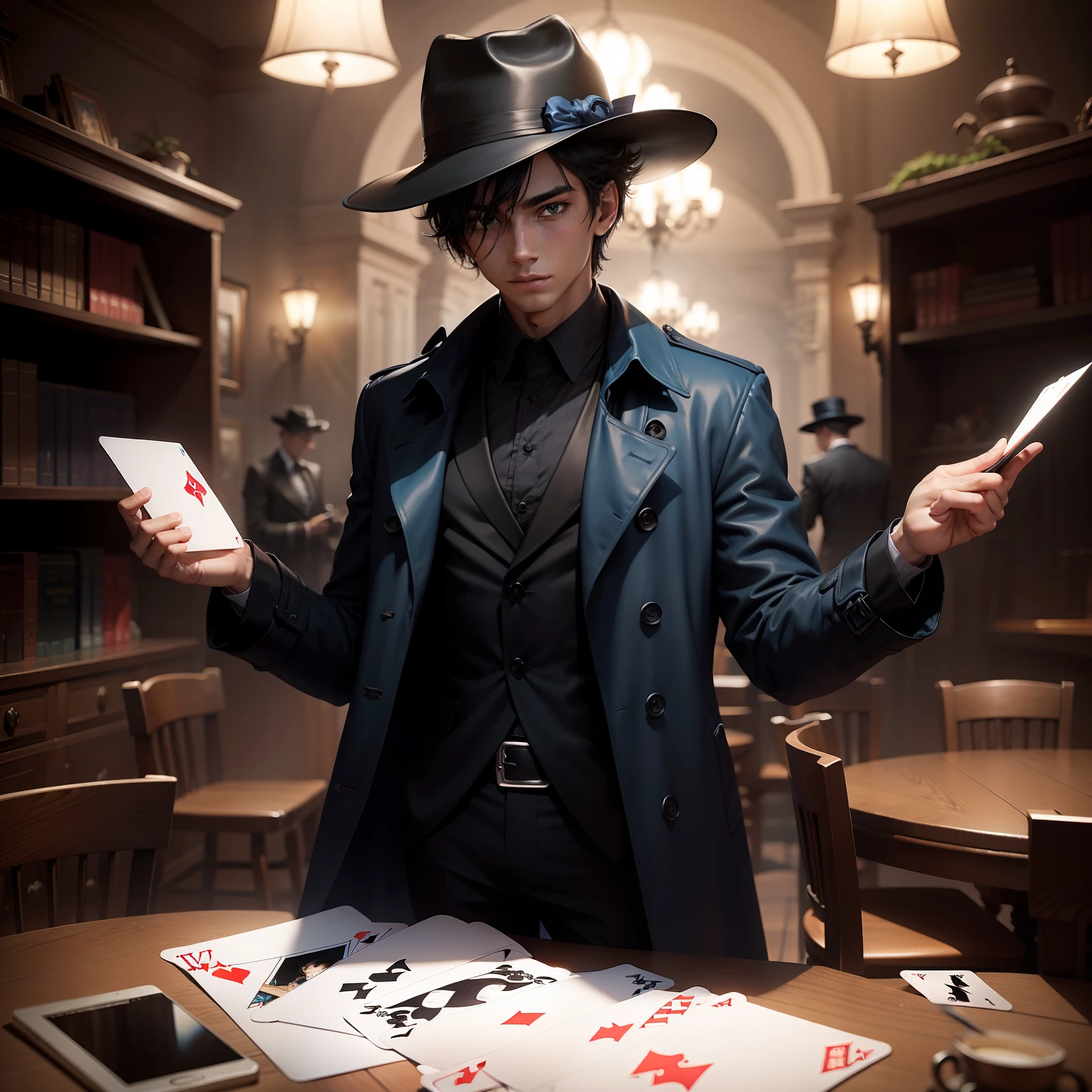 One wears a black hat,Boy in blue trench coat turns into card magic,Comic style