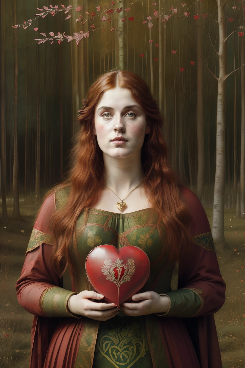 (((Pre-Raphaelite painting of a red heart with devotion, It is covered by alder leaves in a Celtic landscape)))