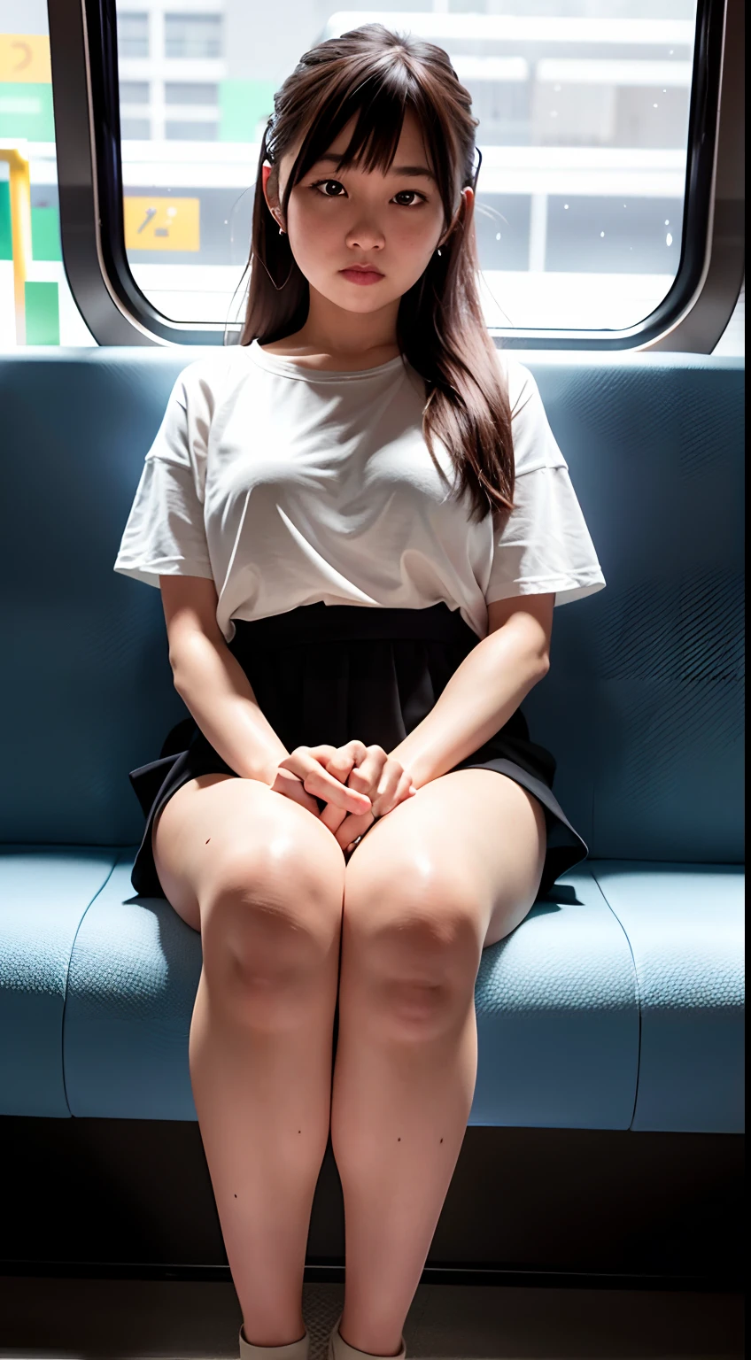「(masutepiece, High quality, Ultra High Quality, 4K)A dark-haired、14-year-old Japan girl、Uniform skirt、Emphasis on the thighs、white thighhig,Soft thighs、Glossy thighs、Sitting on the train、Face-to-face angle,(Angle from below),Sitting in a train seat,Sitting at the front，Zoom camera in the crotch,Feet are on the floor of the train,full body Esbian,Looking down and sleepy,Watching the viewer only」, Best Quality, Ultra high definition, (Photorealistic:1.4),, High resolution, detail, Raw photo, Sharp Re, Nikon D850 Film Stock Photo by Lee Jefferies 4 Kodak Portra 400 Camera F1.6 lens rich colors hyper realistic lively textures dramatic lighting unreal engine artstation trends cinestir 800,ssmile