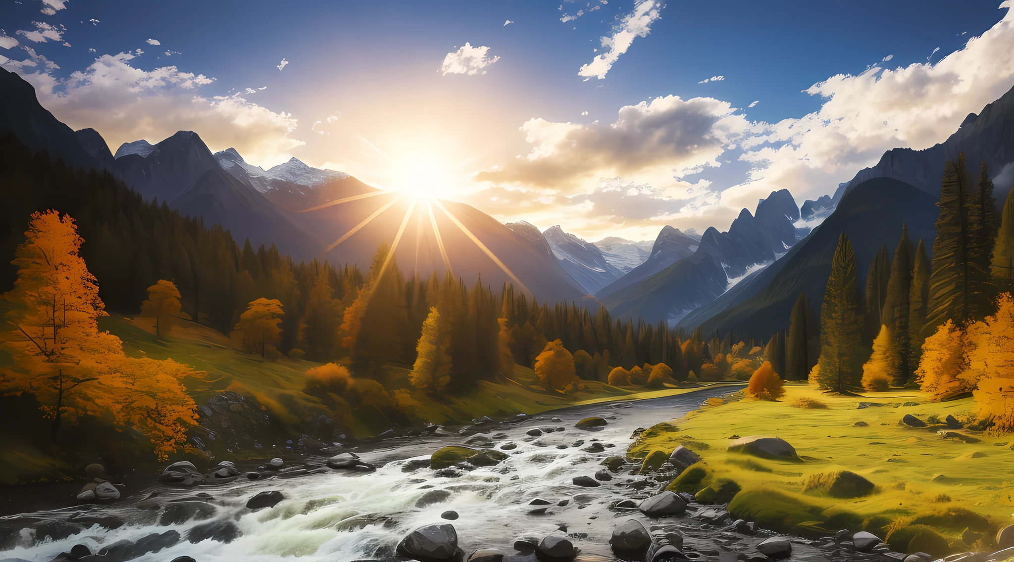 detailed background, masterpiece, best quality, landscape, mountains, river, forest, sun, day, clouds