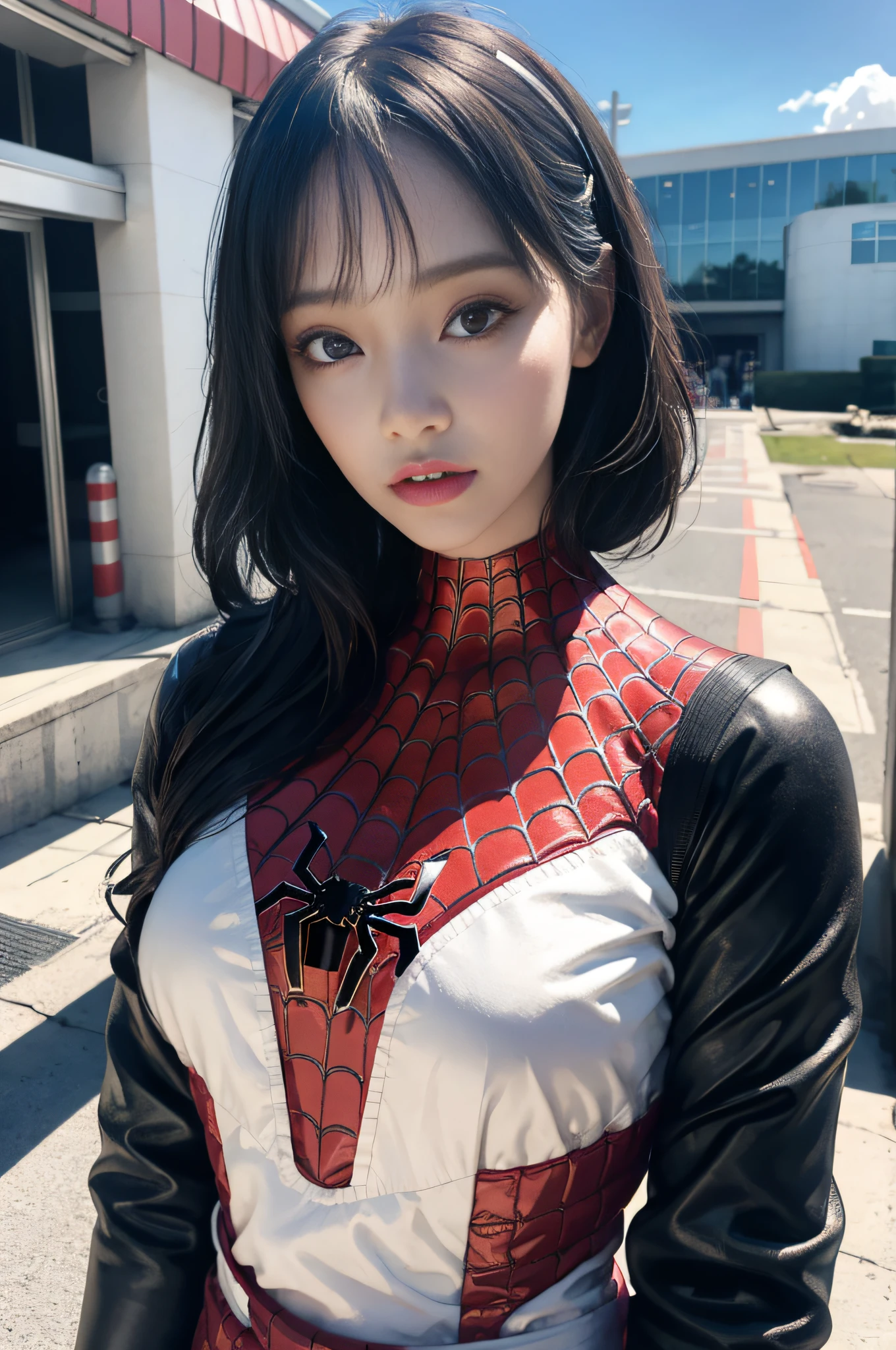 (1girl:1.3), solo, __body-parts__, official art, unified 8k wallpaper, super detailed, beautiful and aesthetic, beautiful, masterpiece, best quality, raw, masterpiece, super fine photo, best quality, super high resolution, photorealistic realism, sunlight, full body portrait, amazing beauty,, dynamic pose, delicate face, vibrant eyes, (from the front), she is wearing a Spider-man suit, red and black color scheme, spider, very detailed abandoned warehouse background, Detailed face, detailed complex busy background, messy, gorgeous, milky white, highly detailed skin, realistic skin details, visible pores, sharp focus, volumetric fog, 8k uhd, DSLR, high quality, film grain, fair skin, photo realism, lomography, huge metropolis in future dystopia, seen from below, translucent