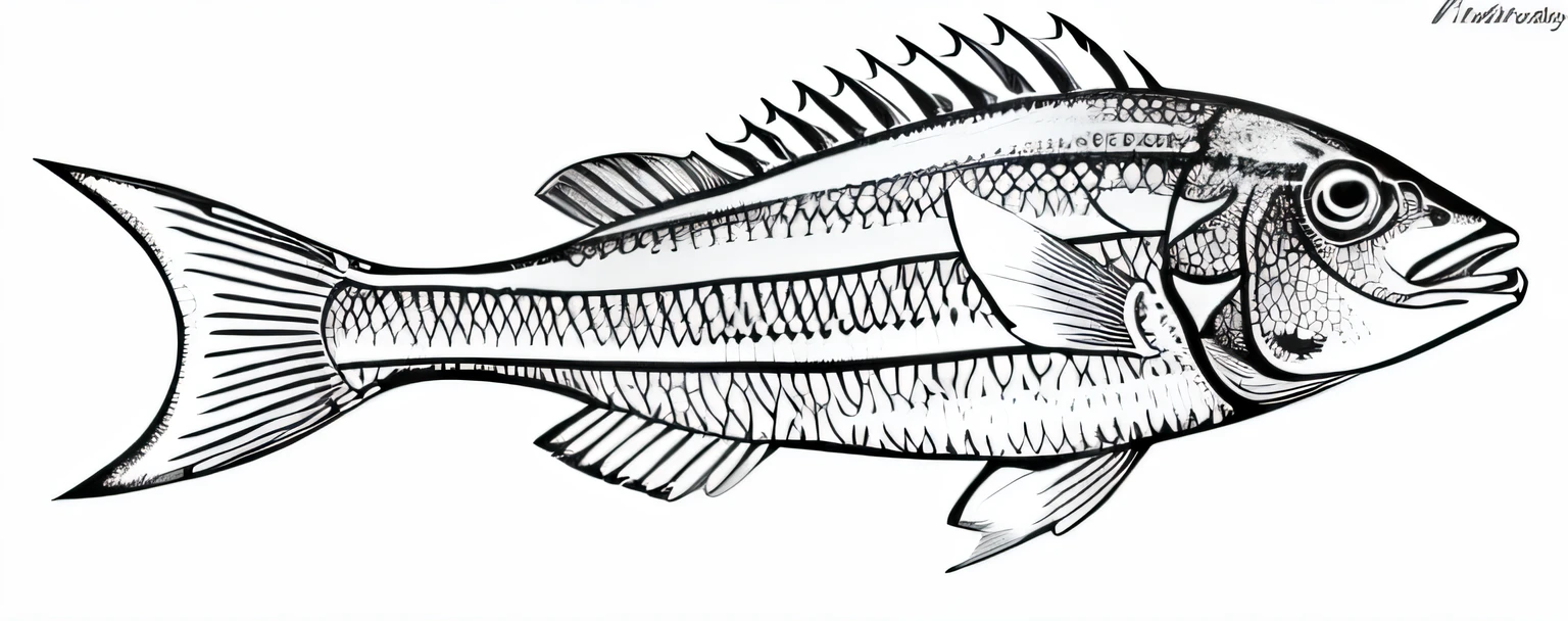 a drawing of a fish with a spiky tail, half fish, sharp foccus ilustration, line - art, sharp lineart, linear illustration, an illustration of, illustration sharp detail, ancient fish, high detail illustration, highly-detailed illustration, inspired by Katsushika Ōi, line art, side view of a gaunt, extremely-detailed, interconnected black lines, coloring book