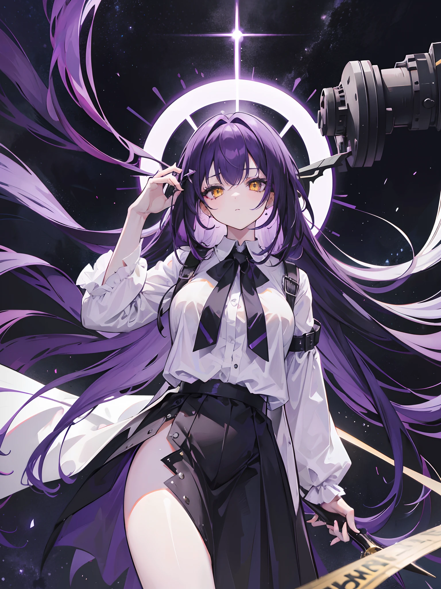 1girl, long purple hair, yellow eyes, wearing white shirt, long black skirt, apocalyptic city swallowed up by black holes, majestic pose, holding big purple scissors, looking at viewer, absurdres, high res, ultrasharp, 8k, masterpiece