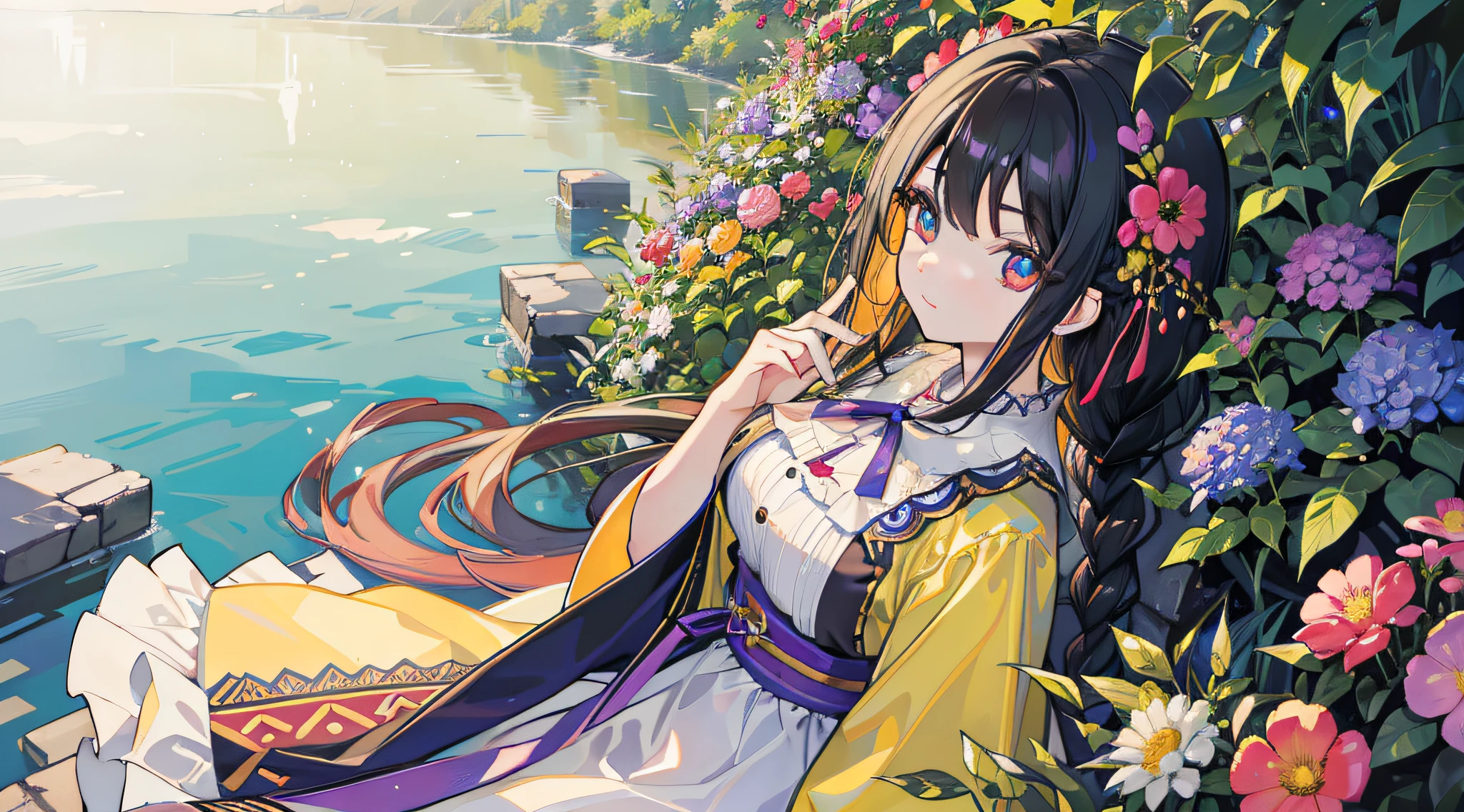 tmasterpiece,Highest image quality,super detailing,A high resolution,high saturated,Lighting effects,and the sun was shining brightly,garden with colorful flowers。,Antique characters,Faraway view。one-girl,The face is delicate,There are big eyes of God,Black hair,Details coiled,long braid,Black eyelashes,Look up,DOA ,Creative warm color dress。