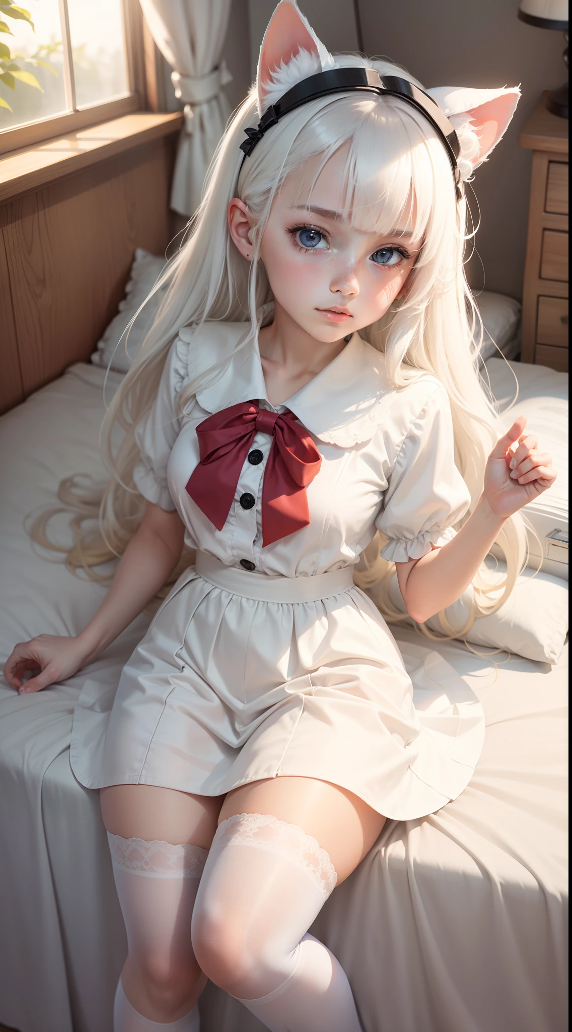 (((tmasterpiece))), best qualtiy, illustratio, comic strip((Young age girl)), Long light white hair, Beautiful detailed red eyes, ((White sailor suit)), short- sleeved, ((adolable))), ((cute face)), full bodyesbian, Beds, cheerfulness, little breast, a baby face,White cat ears,White stockings,(head gear:Bow knot)