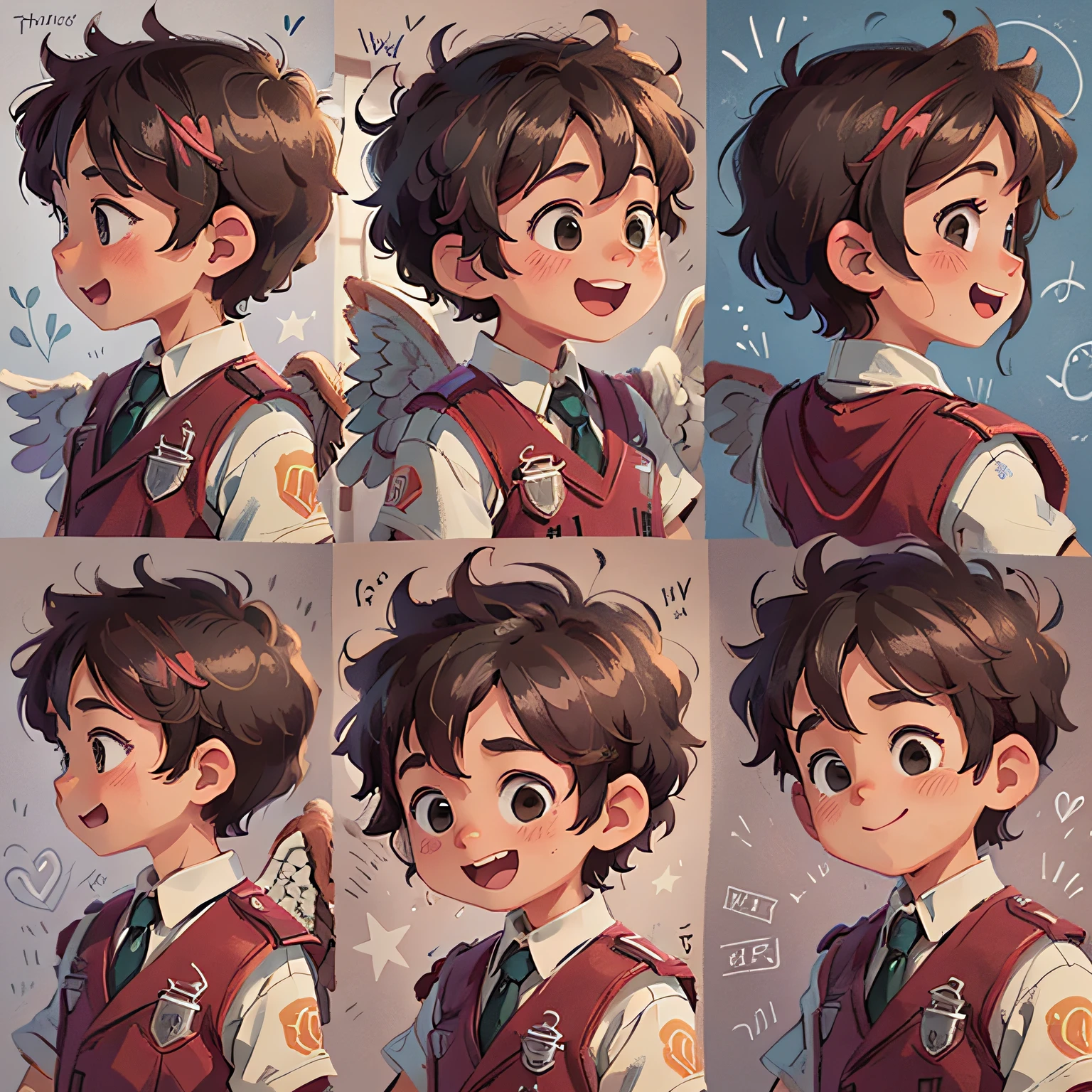 a Boy 12 years old, with short curly hair, Happy
((From several different angles))
from opposite, From behind, from the profile,
different angels, in the style of childreb book charecter, charecter sheet, white background, adjective + object, character sheet, children book character, white background