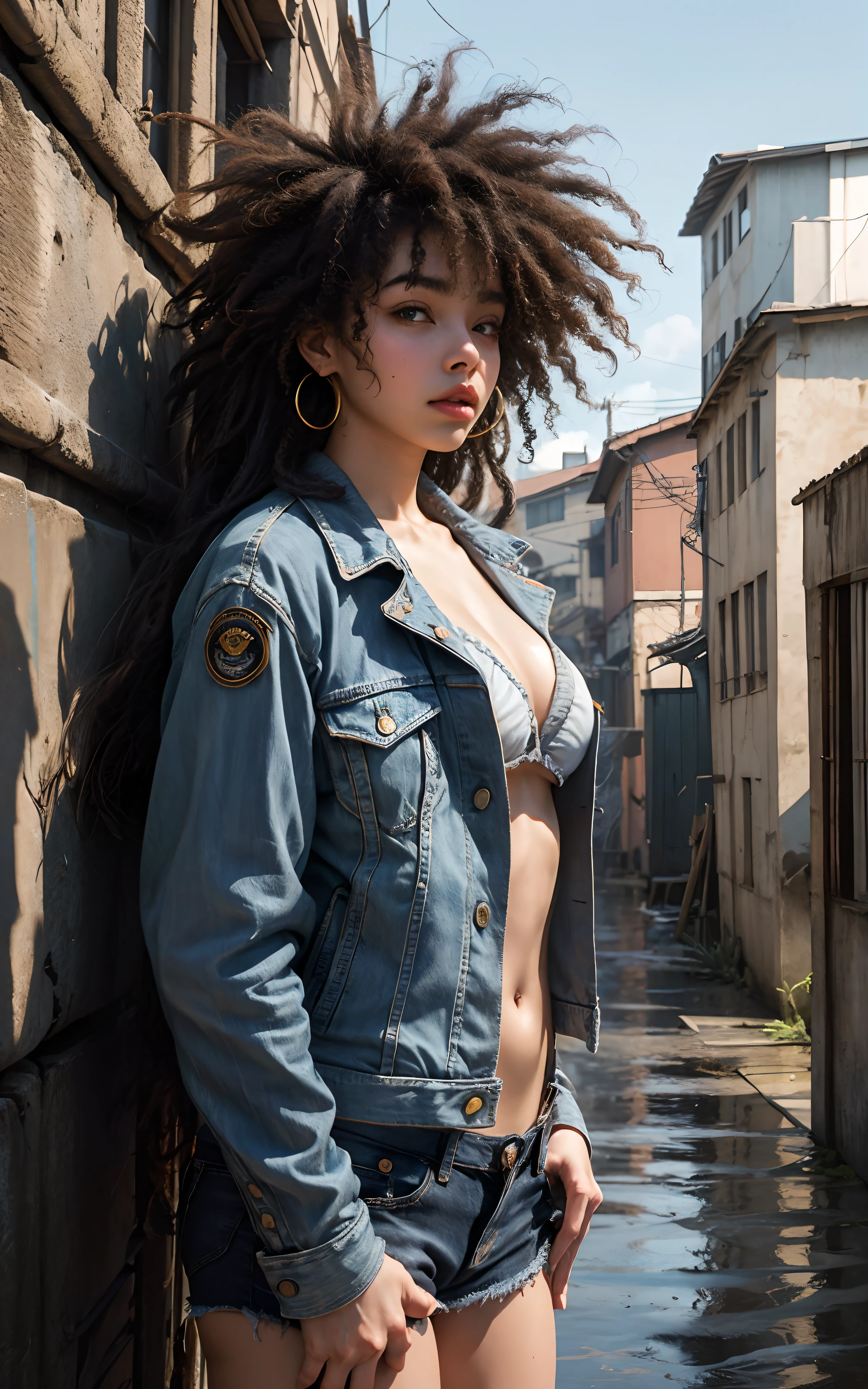 1 Garota afro americana guerreira 18 anos,seios grandes,corpo inteiro,perfeita,na chuva molhada, bikini denim jacket,8k surrealismo, Lateral angle,in an apocalyptic city,distortionless,no freak