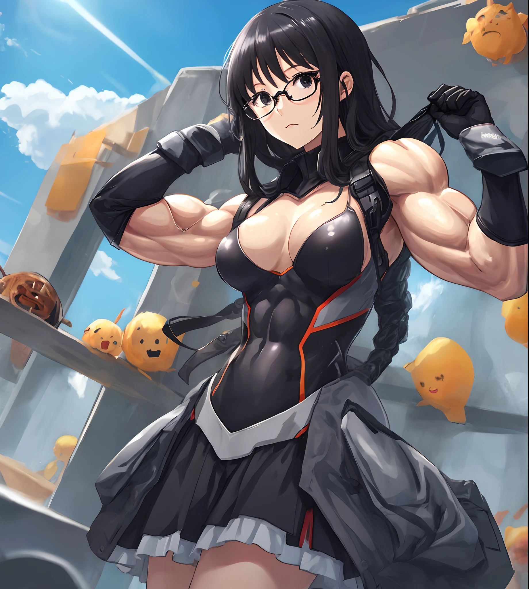 Anime girl suit, Glasses, Black Hair, Muscles, Black eyes