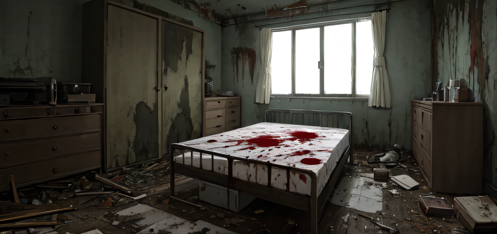 (masterpiece, best quality:1.3), (horror \(theme\):1.2), (abandoned hospital, moss, blood splatter, bloodstain,), night sky, beds, wide shot, dynamic angle,