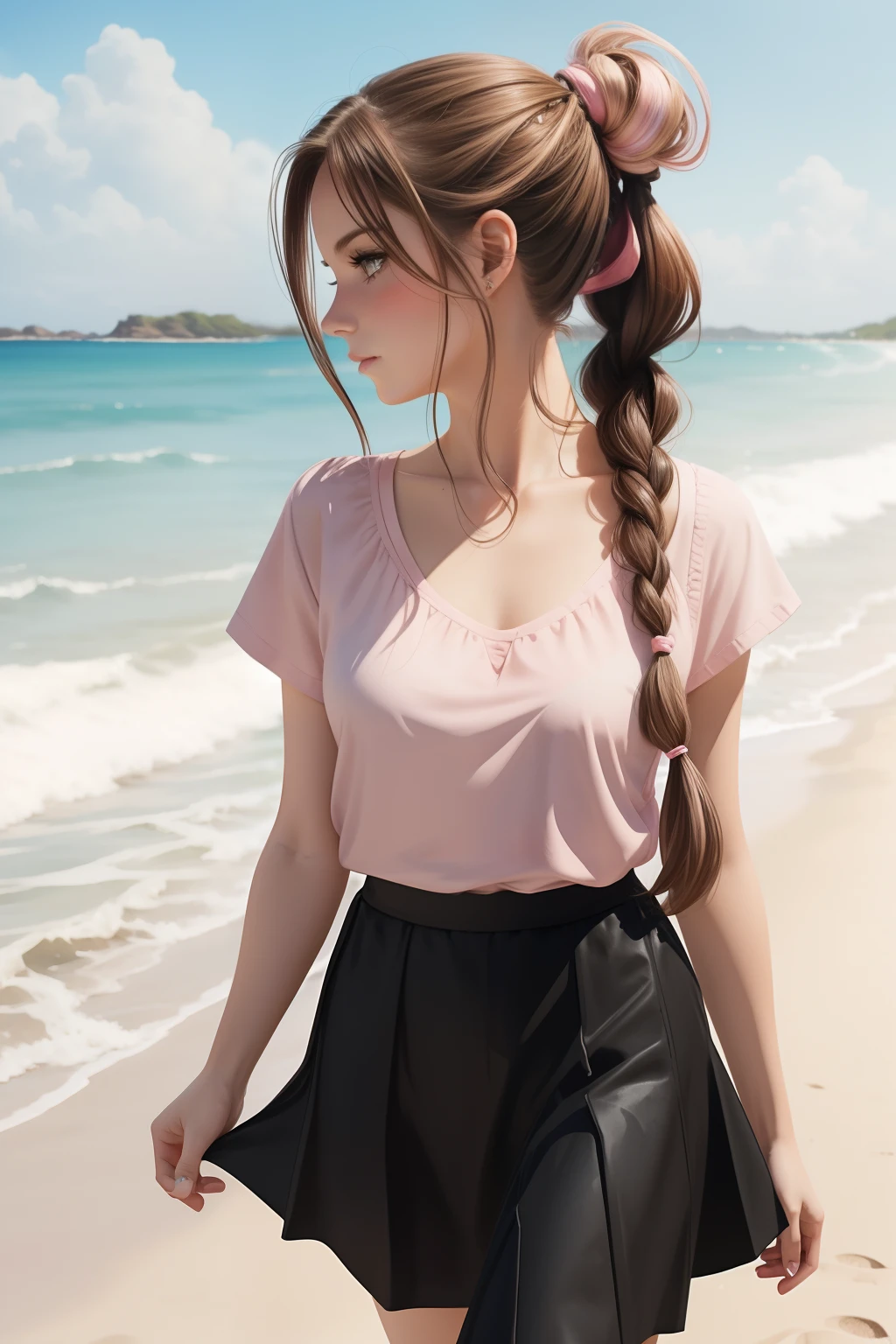 watercolor painting of white woman with braid in hair, brown hair girl detailed fashion illustration, hair tied in ponytail, black skirt and pink top, walking on beach, detailed eyes.anime