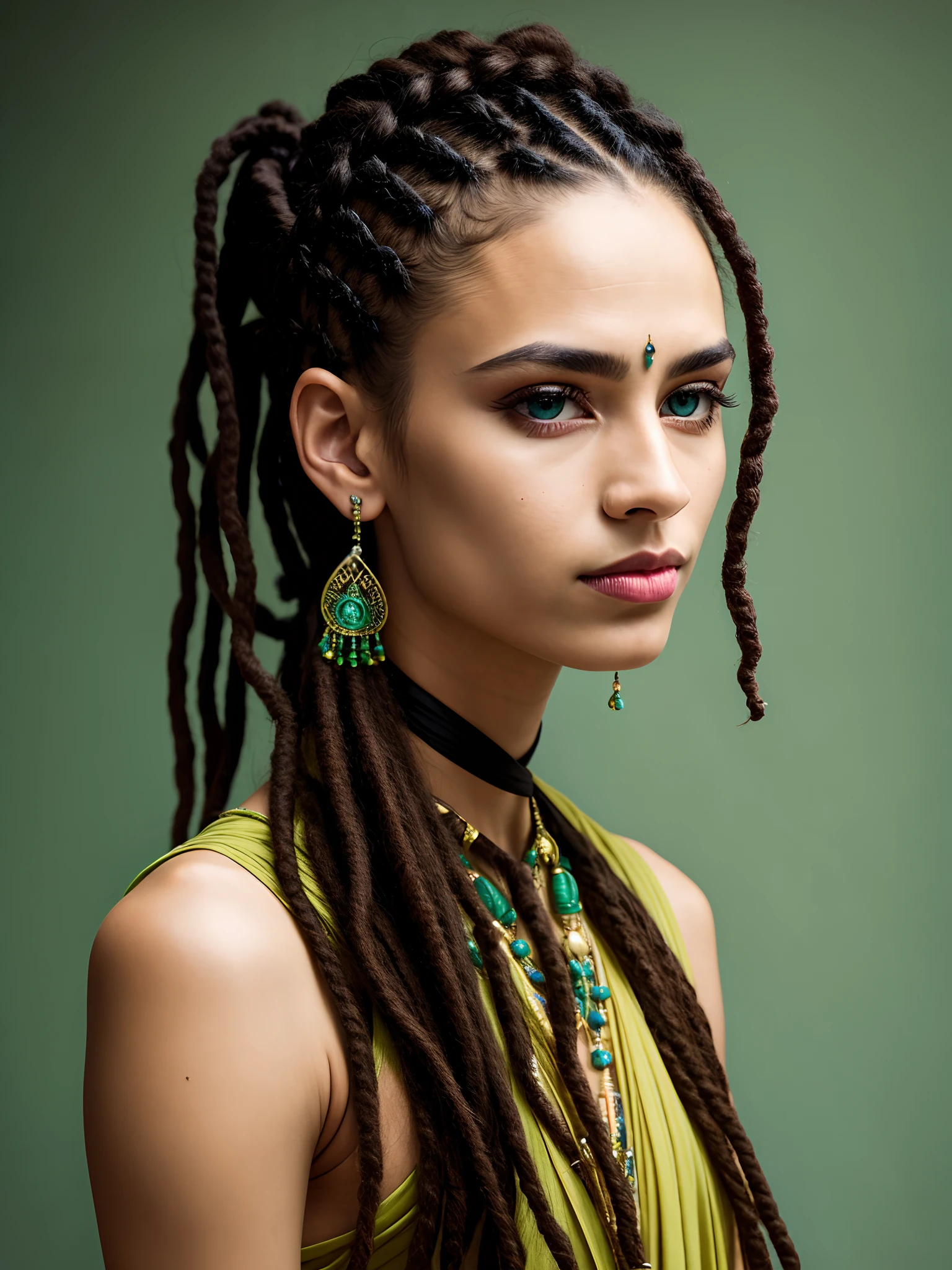 Protrait, photograph, androgynous hunnuman, oval jaw, delicate features, beautiful face, dreadlocked hair, long bangs, long ponytail, bright blue-green eyes, hindu art