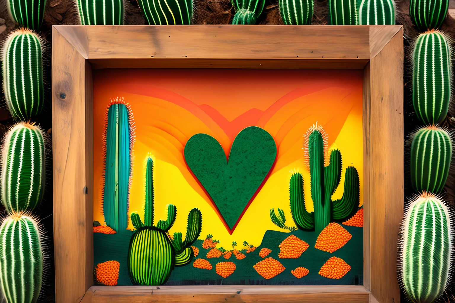 Crie um logo com um toque sertanejo, Mixing Cactus and Hearts in a Friendly Way. Use tons amarelos e alaranjados. Imagine stylized cactus on a backcountry background, with hearts among them. Hearts can grow on the cactus or rest on them. Keep the rustic feel. The goal is to balance robust cactus with delicate hearts. Prioritize yellow and orange to capture the heat of the backcountry --auto --s2