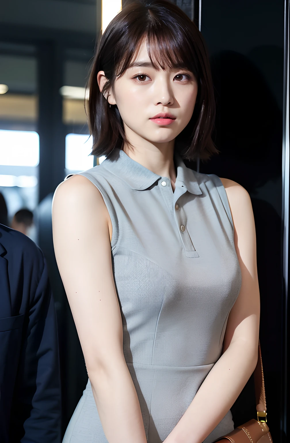 ((8K)、top-quality、masterpiece、超A high resolution:1.2)Photo Beautiful Japan woman(pleasing:1.1) Elegance、There is a good、Transparent atmosphere、Beautiful face、Gradient lighting、1girl in、Delicate skin、Look into the distance、Brown-eyed、(short hair with bangs:1.2)、( are large:1.0)、(medium areola:realisitic:1.4)、(top-quality:1.0)、(超A high resolution:1.0)、8K、Raw photography、(masterpiece:0.2)、(pureerosface_v1:0.5)、Contrast Trim Polo Neck Bodycon Dress、Onepiece、Polo shirt style dresses、Super Mini Length、the skirt is short、Futomo、cotton clothes、Mini dress、Collared dress、no sleeves、Sleeveless、The clothes are dark blue and the collar is white、Tight silhouette、Super mini skirt length、Ralph lauren、want me、Take your eyes off、JR Yamanote Line at night、on train、by the window、erect throughl darkness、subject、Lean、Look here、tote bags、deep in the night、Ass big、Kinda chubBangs shed to the side、Successfully organize hairstyles、