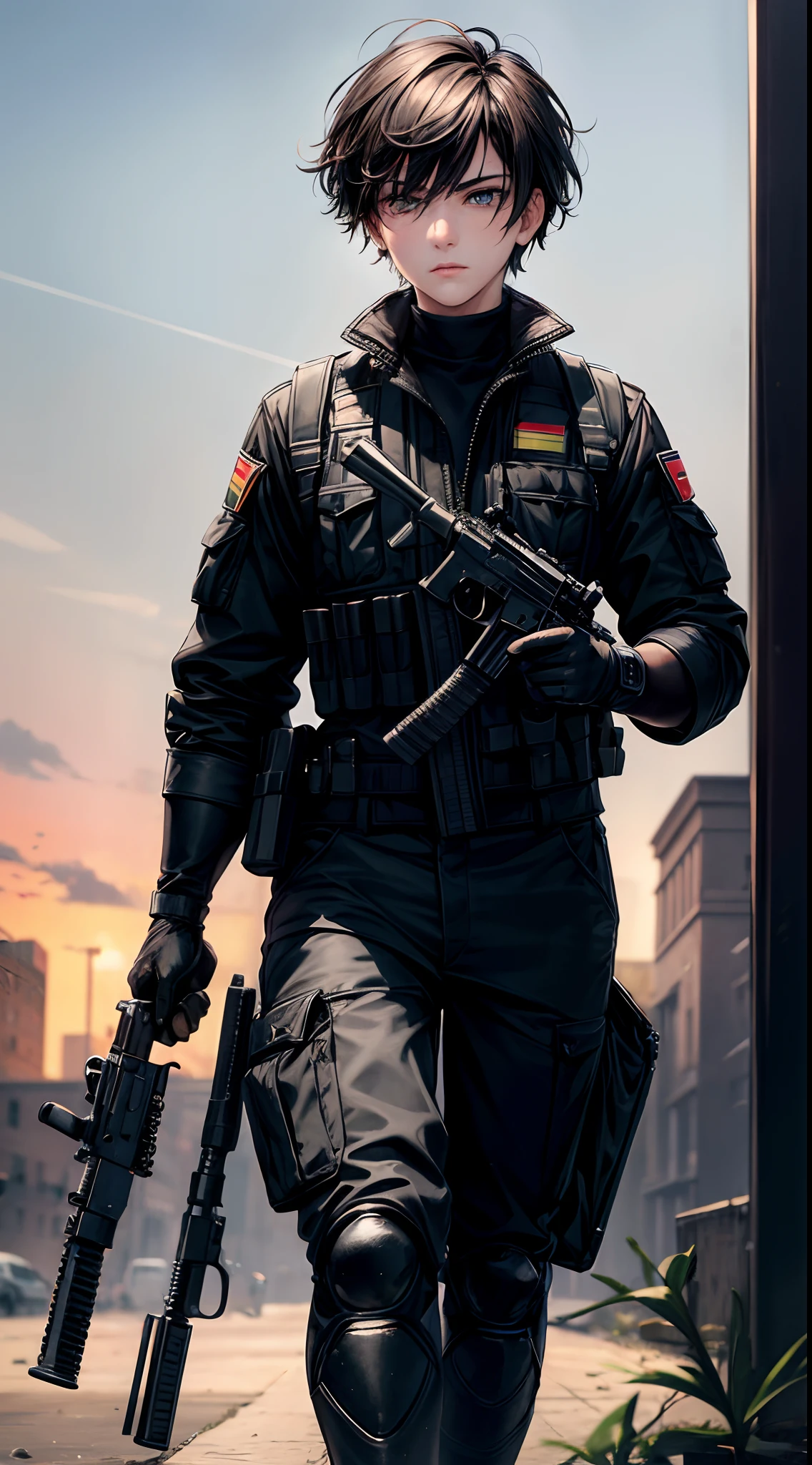 (masterpiece), best quality, expressive eyes, perfect face,(masterpiece), best quality, expressive eyes, perfect face, mature,male,rifle,violence,weapon,very short hair,gun,gloves,firing,black suit,black jacket,black hair,assault rifle,Iraqi soldier