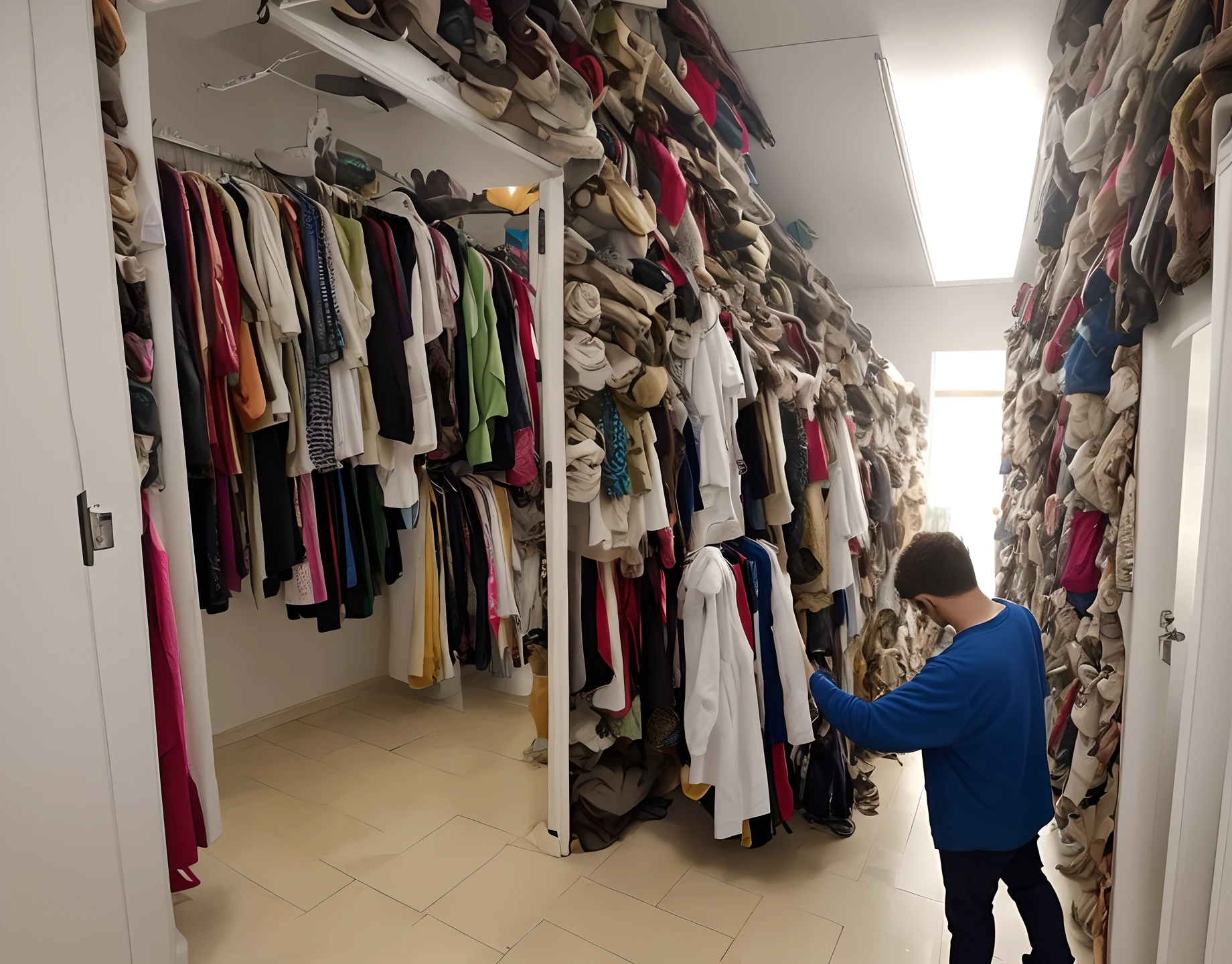 Uma senhora de costas com o neto entrando em uma loja de roupas