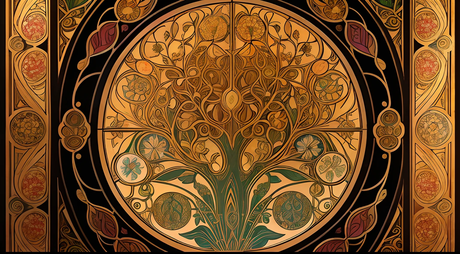 Tree of life portrait, moldura floral, decorative panels, abstract art, Alphonse Mucha (master part, best quality, high resolution: 1.4), circunstanciado, detalhes intrincados, 4k, salpicos de cor, arte de linha, Fibonacci,