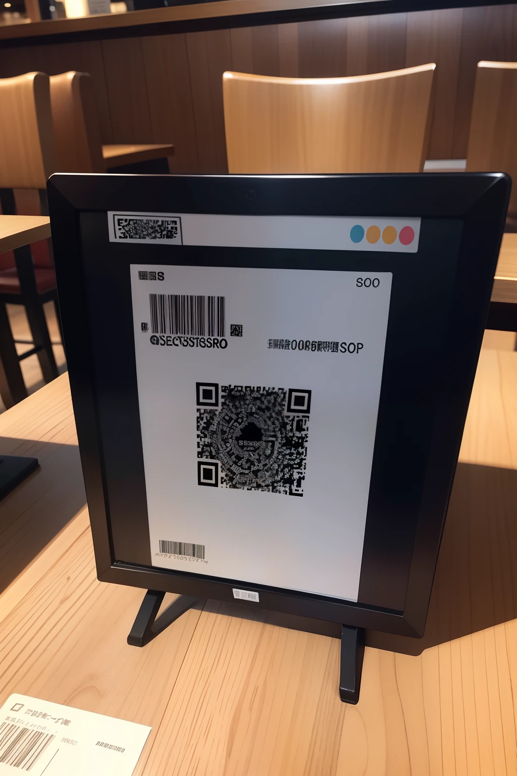 I need a QR code order sticker that is posted on the table in a restaurant,Premium on grade,There is a QR code in the middle。There is a slogan about software companies。There are also six icons。