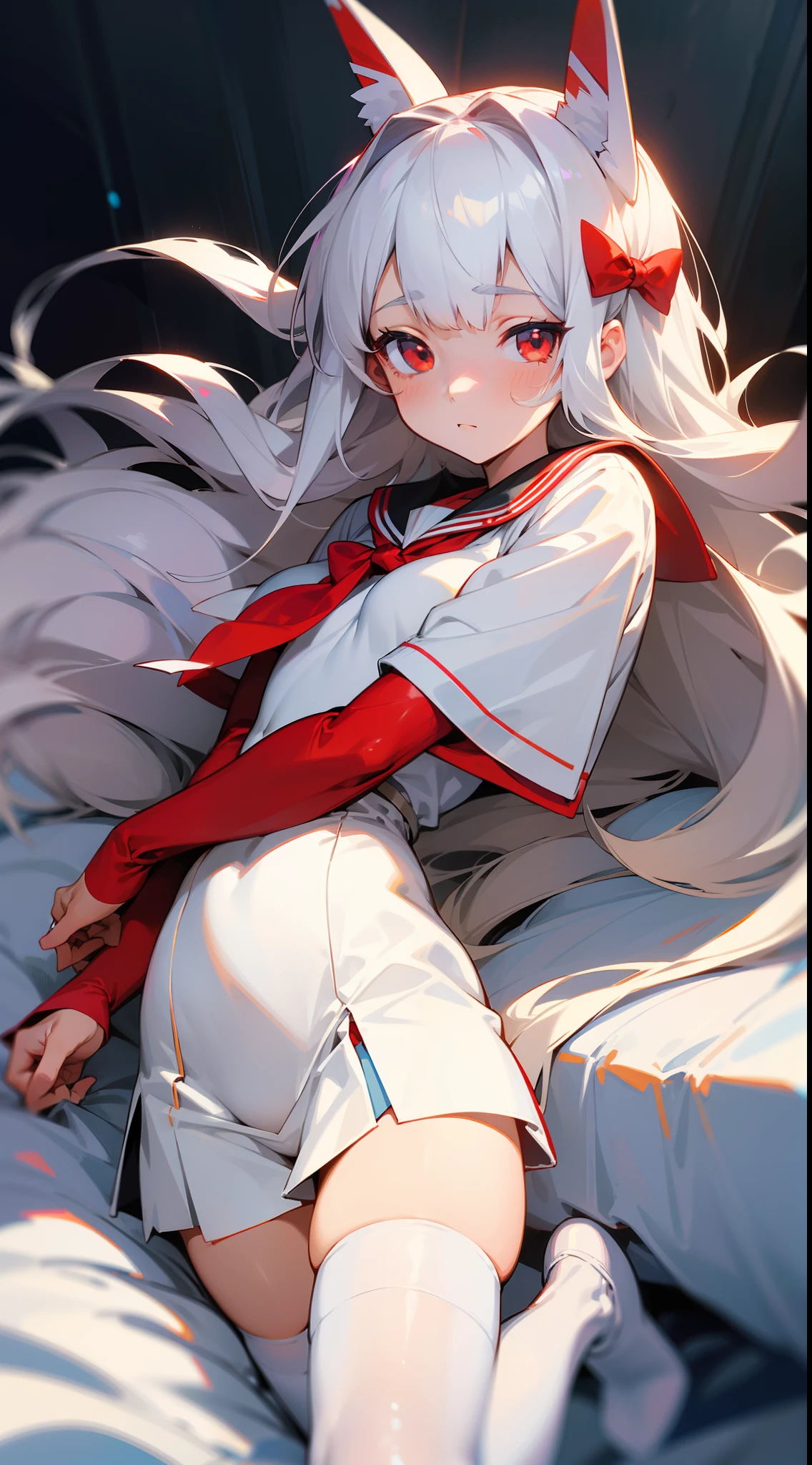 (((tmasterpiece))), best qualtiy, illustratio, comic strip((Young age girl)), Long light white hair, Beautiful detailed red eyes, ((White sailor suit)), short- sleeved, ((adolable))), ((cute face)), full bodyesbian, Beds, cheerfulness, little breast,White stockings,shyexpression,(head gear:Bow knot)