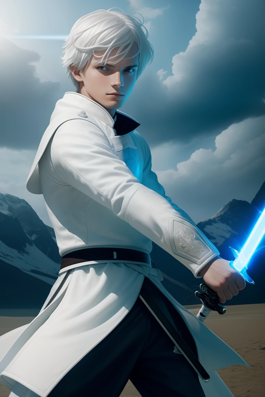 Blind teenager+White color hair+k hd+Hold a white sword in his right hand+Hold a lightsaber in your left hand+Epee in the back+Manteau blanc+blue-sky+high qulity+Dark brown earth