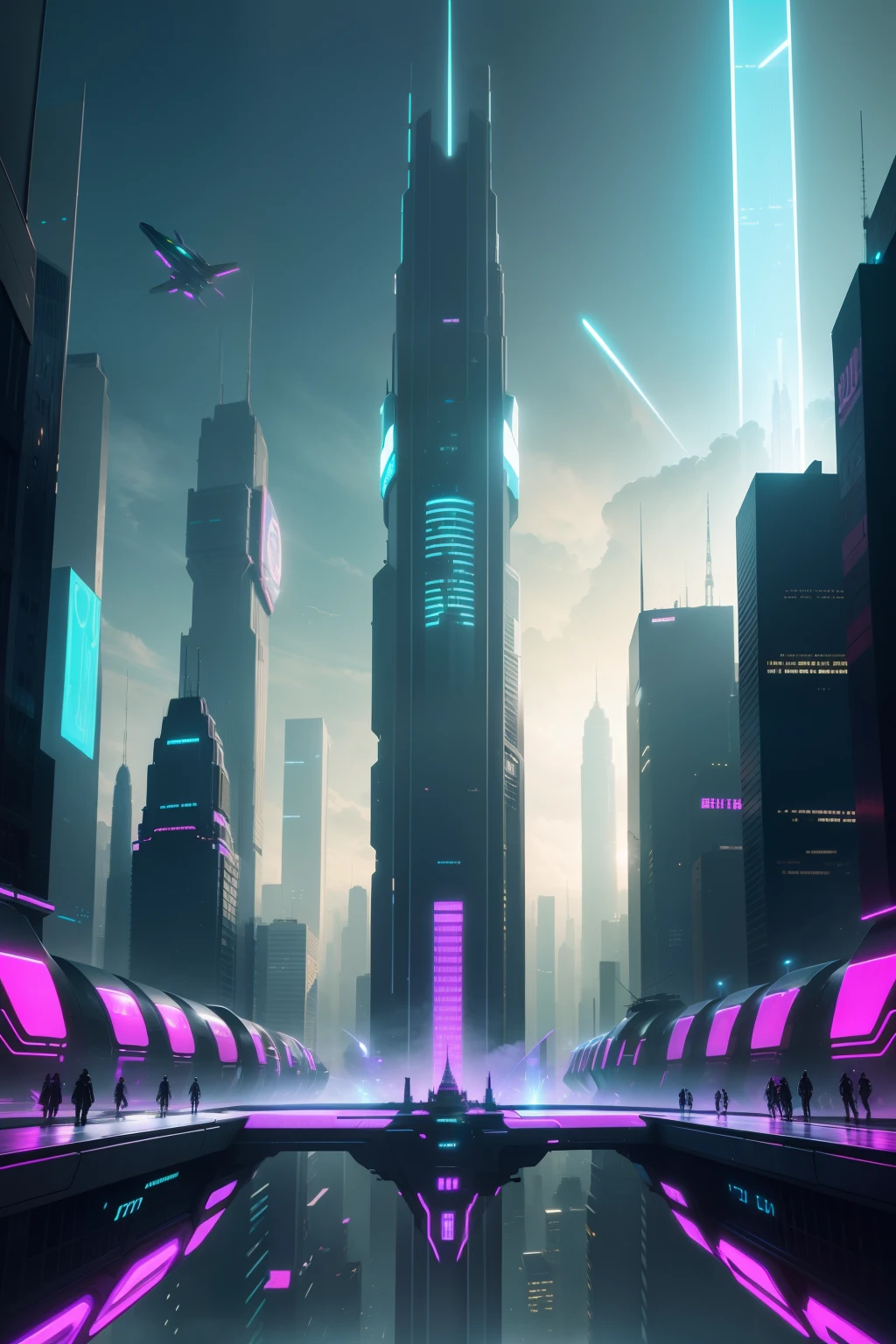 Describe a futuristic city where buildings are made of glass and seem to float in the air. The streets are lit by neon lights and flying cars pass quickly over people.