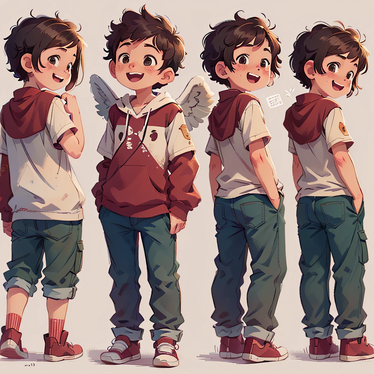 a Boy , with short curly hair, Happy
((From several different angles))
from opposite, From behind, from the profile,
different angels, in the style of childreb book charecter, charecter sheet, white background, adjective + object, character sheet, children book character, white background