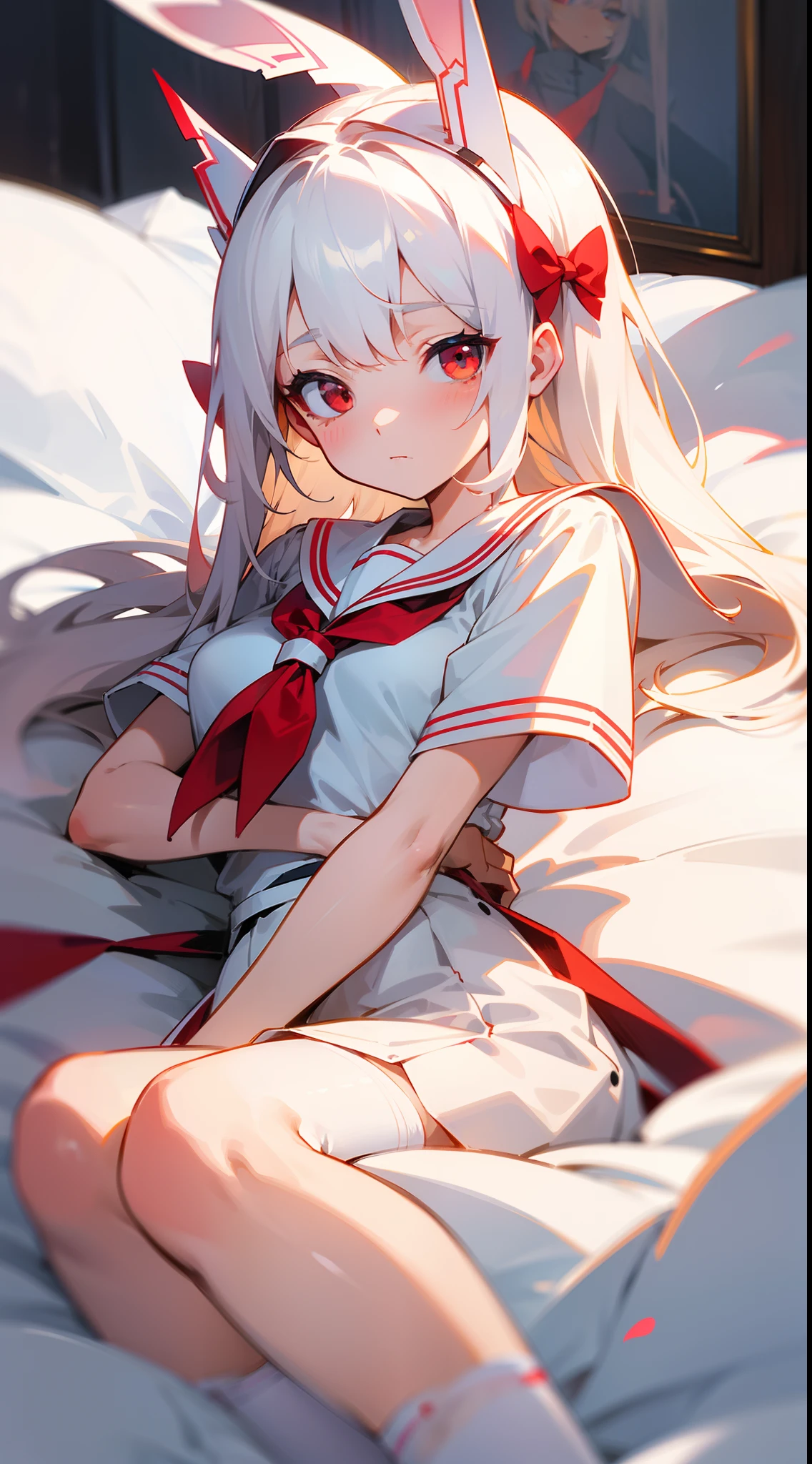 (((tmasterpiece))), best qualtiy, illustratio, comic strip(( girl)), Long light white hair, Beautiful detailed red eyes, ((White sailor suit)), short- sleeved, ((adolable))), ((cute face)), full bodyesbian, Beds, cheerfulness, little breast,White stockings,shyexpression,(head gear:Bow knot)