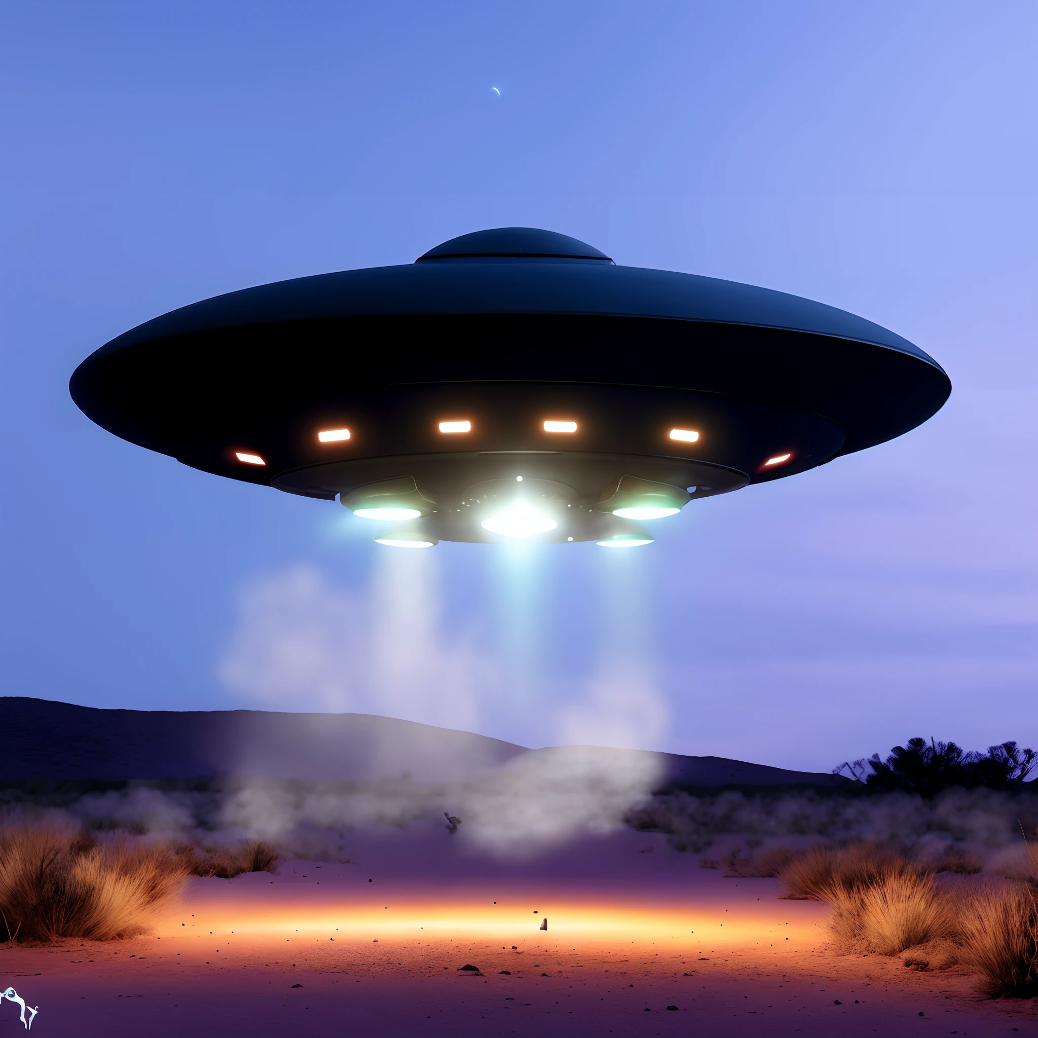 Disco voador arafed no meio de um deserto com luzes acesas, alien mothership in the sky, Pouso de OVNIs, alien spaceship, ufo lighting, alien spaceship in the sky, of a UFO propulsion system, alien mothership, Rapto de OVNIs, ufo aliens, disco voador, ufo in the sky, OVNI, flying saucer in the sky, Ovnis, imagem realista, super detalhada, 8k