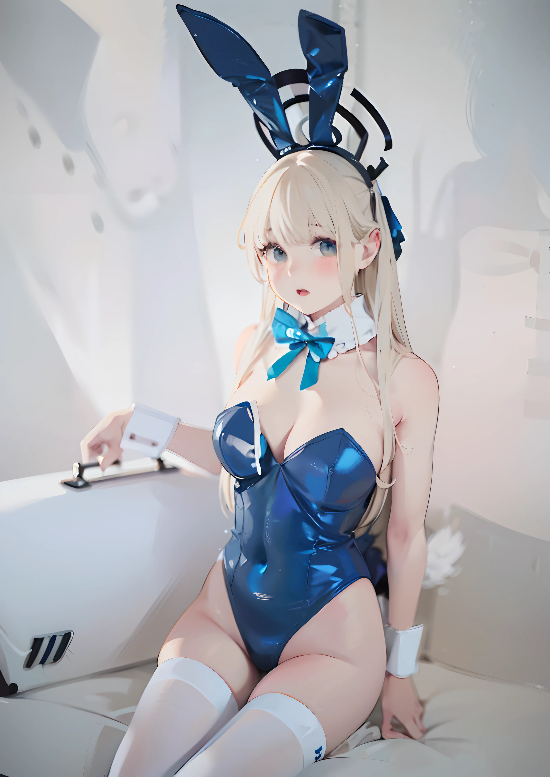 there is a woman in a bunny suit posing for a picture, Anime girl cosplay, Anime cosplay, cosplay, ultrarealistic sweet bunny girl, Bunny Girl, dark blue leotard costume, Anime figure; Full-body art, seductive anime girls, professional cosplay, Anime figure, elegant glamourous cosplay, leather bunny costume bodysuit, rpgmaker