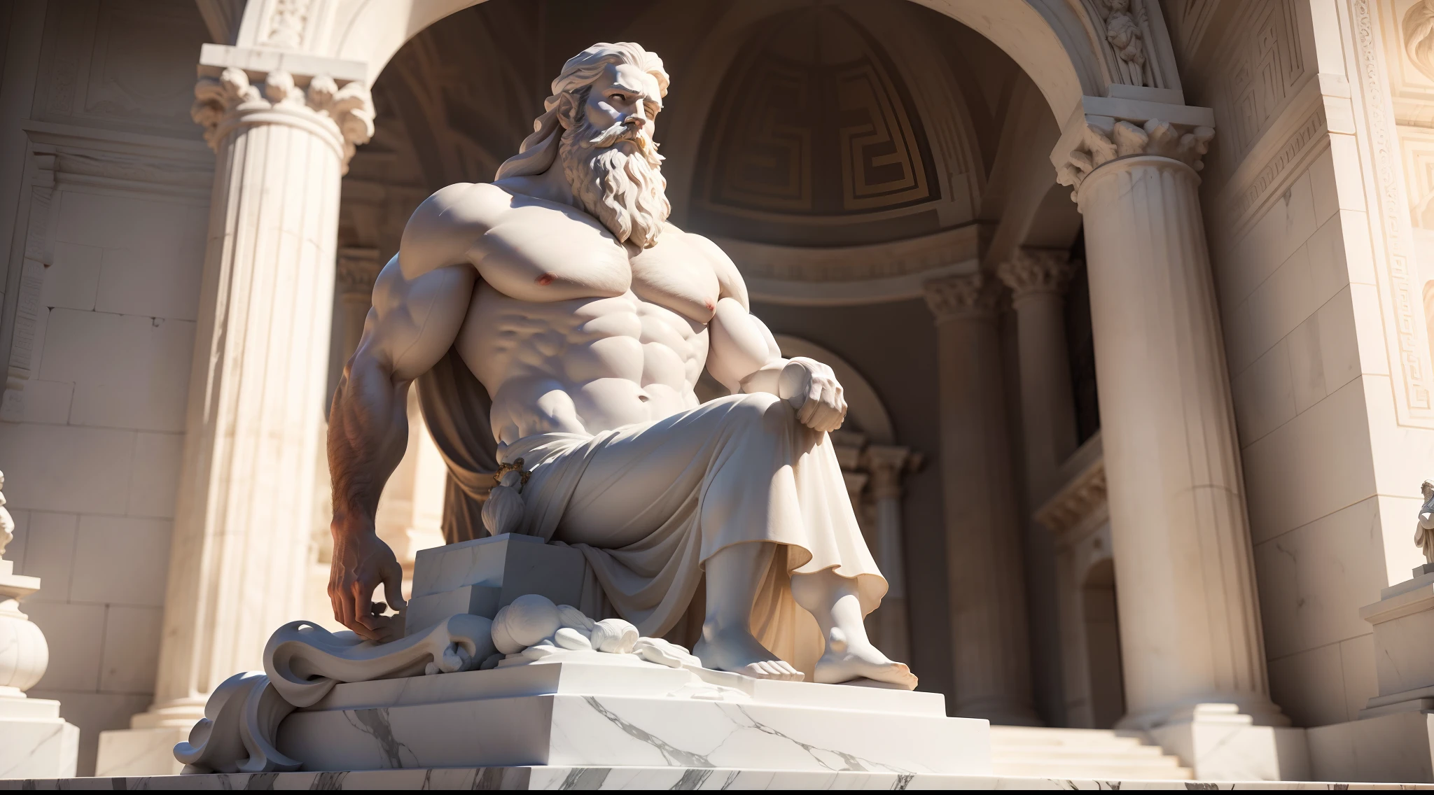 A realistic full-length Greek white marble statue of a bearded man, musculoso , fotorrealista, period architecture in the background, super detalhada, hiper realista, 8K