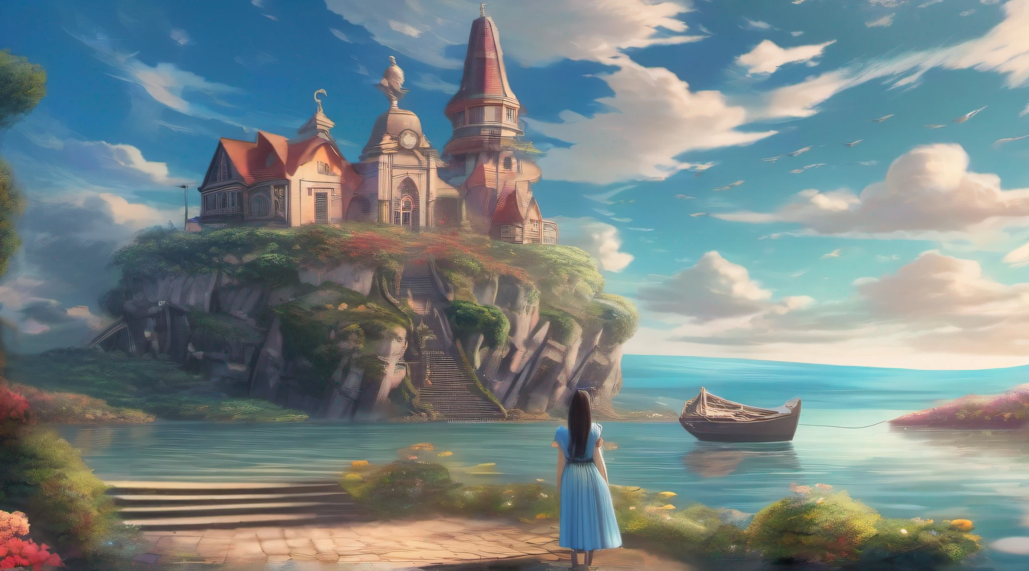 ccurate, best quality, masterpiece, UHD, high details, award winning, (Amazing:1.1), (Surrealism), Conceptual art, Verism, cinematic lighting, panorama, beautiful high school girl, (17 yr old), ((((full body)))), from behind, picking flowers, dancing, without looking at me, (((wearing simple school uniform))), black eyes, black hair, (floating hair), ((8 life size)), detailed hairstyles, detailed bodyline, anatomically correct, (((she is lost in a surreal world of dreamlike landscapes))), A floating island in the sky, Quiet village with ruins and colorful houses, shallow sea, Horizon, ((beautiful Blue sea)), blue sky, paradise scenery, flowers, wind flow, (((fantasy))), frontier, (magnificent space),