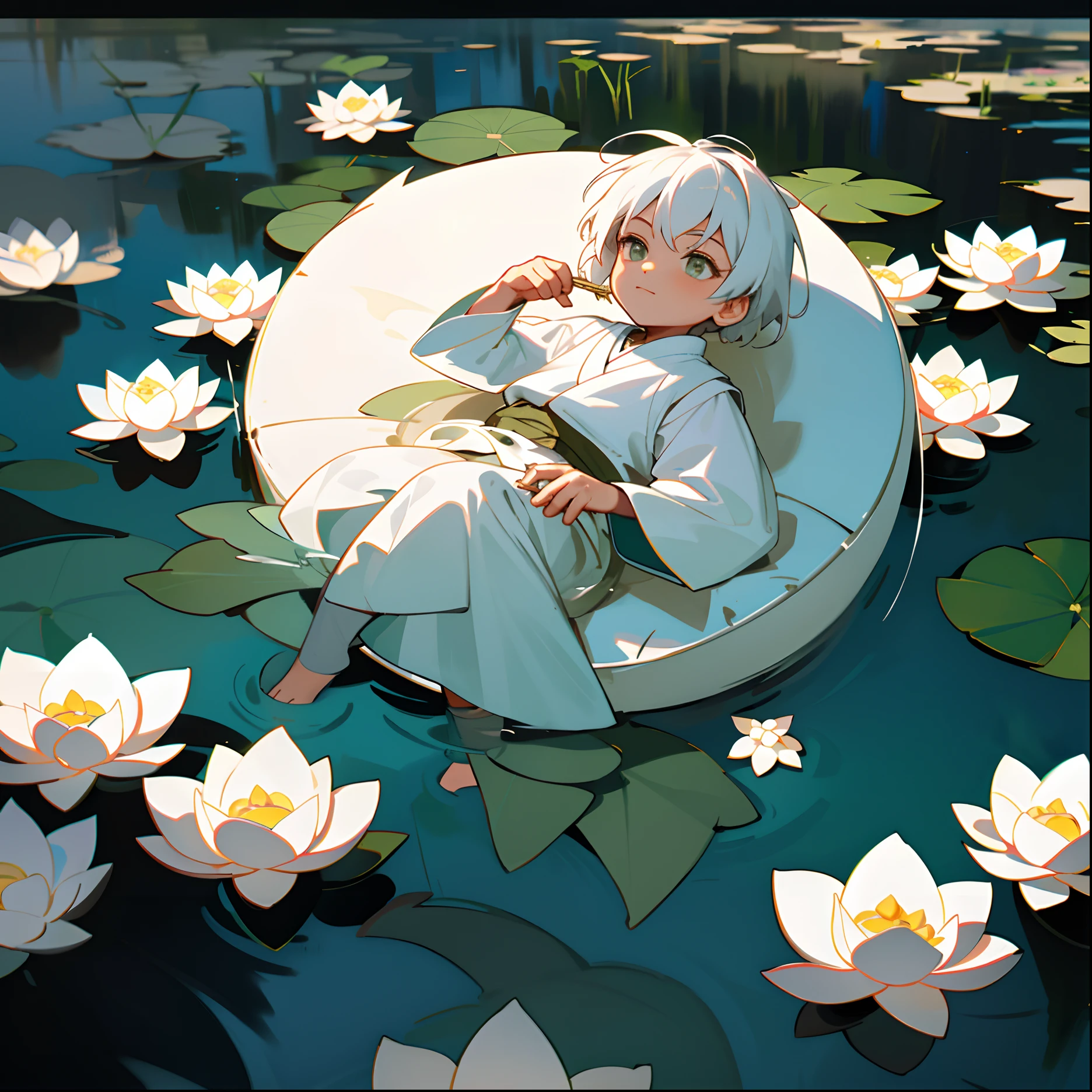 The little boy with white hair stands on the bank on the left, gazing at the white lotus flowers wafting in the stream