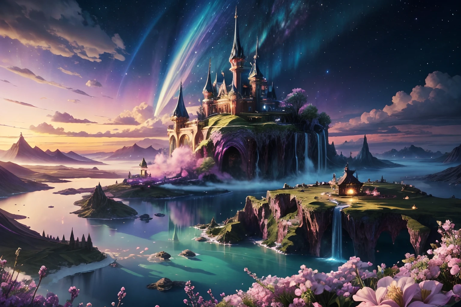 Generate a realistic fantasy landscape with beautiful, ornate romantic buildings, floating islands, crystalline waterfalls streaming from the floating islands, and a dreamy landscape of highly detailed flowers and dreamy watercolors. Cotton candy clouds wisp into beautiful glittering stars across the colorful sky, with a mesmerizing pink and purple Aurora Borealis creating an enchanting atmosphere. The environment is large and awe-inspiring, and this is a macro shot. The general ambience is peace, tranquility, and highly detailed sweetness. Include interesting fantasy elements with colors that complement the rest of the landscape. The sky should be very detailed. The landscape should very detailed. All buildings should be ornate with complex and intricate details. Include a luminous and magical atmosphere, magic bubbles, shimmering colors, many small fantasy details including iridescence, expertly created majestic landscapes, and shimmer and glimmer. Include lots of vibrant colors and vaguely surreal details.