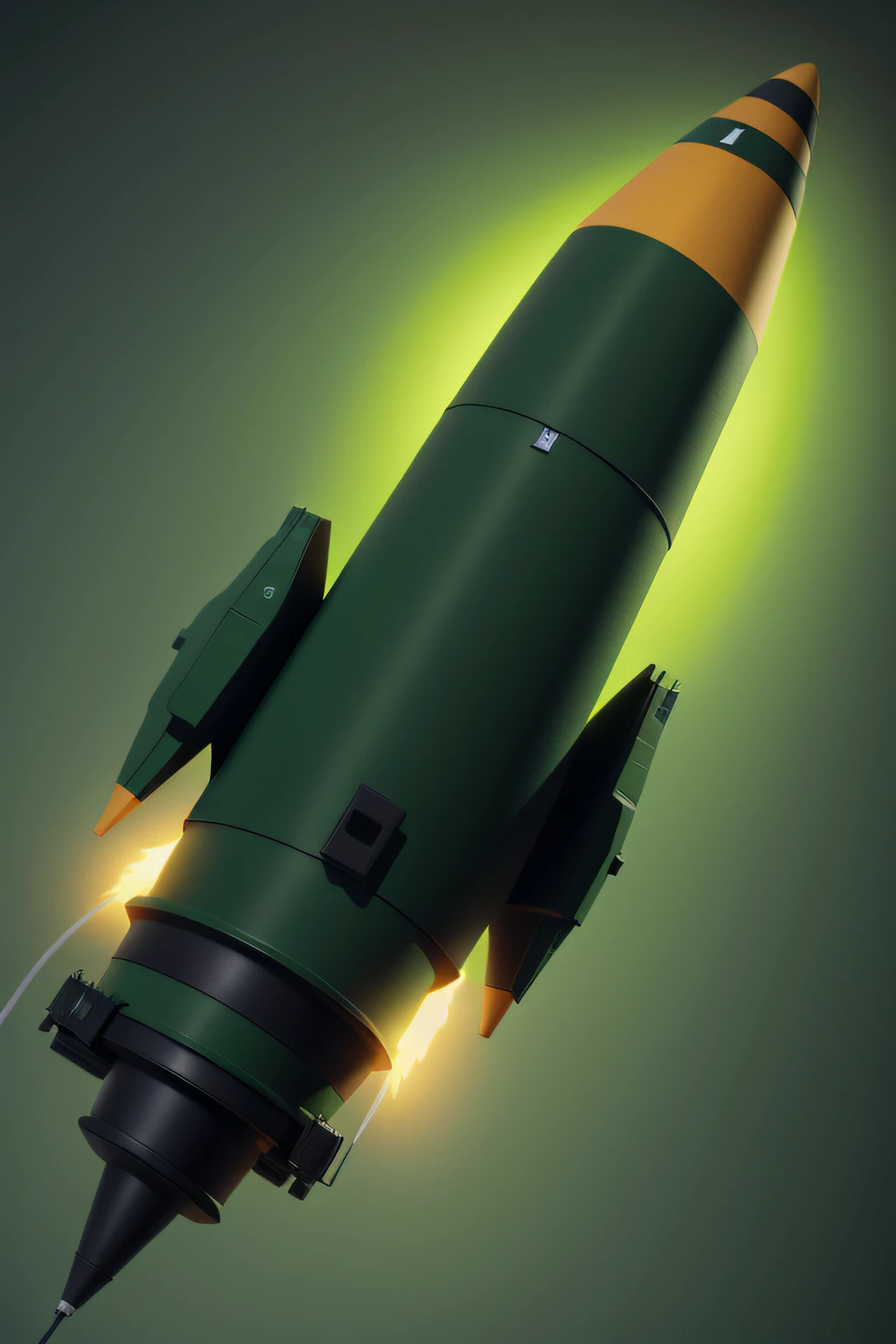 create a rocket in green color, with black background, realistic