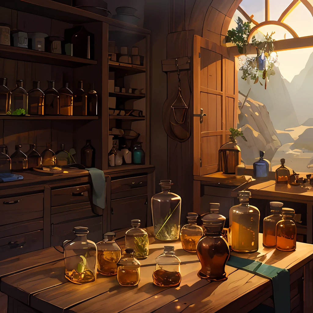 Magic Workshop,Potion bottle,cauldron,herbs,rays of sunshine,Bottles, jars, jars,inside in room