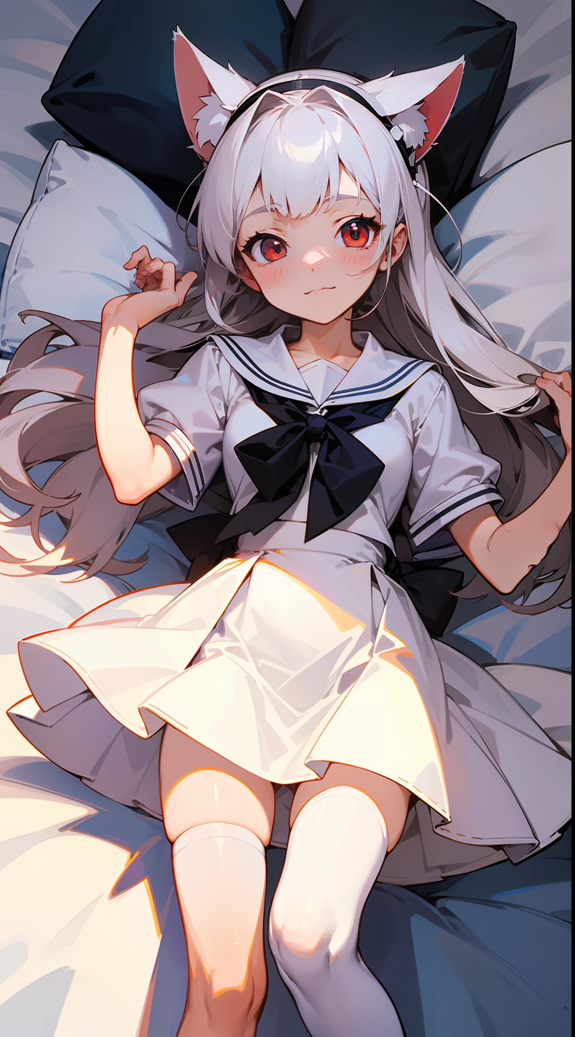 (((tmasterpiece))), best qualtiy, illustratio, comic strip((Young teenage girl)), Long light white hair, Beautiful detailed red eyes, ((White sailor suit)), short- sleeved, ((adolable))), ((cute face)), full bodyesbian, Beds, cheerfulness, little breast,White cat ears,White stockings,shyexpression,(head gear:Bow knot)
