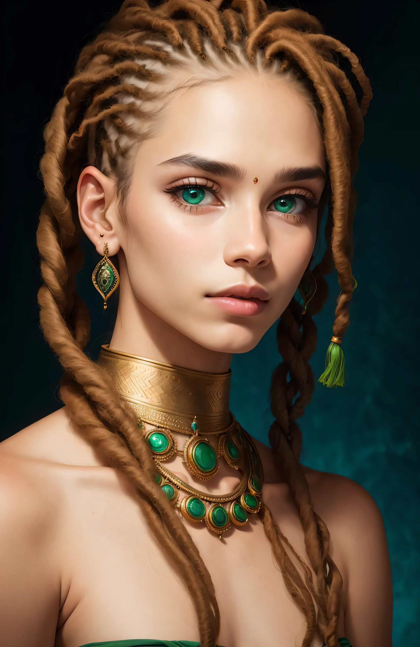 Protrait, photograph, androgynous hunnuman, oval jaw, delicate features, beautiful face, dreadlocked hair, long bangs, long ponytail, bright blue-green eyes, hindu art
