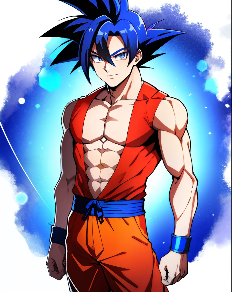 Anime, Son goku, 1boy, olhos brilhantes, cabelo vermelho, pulseira azul, Dougi, muscular, boca aberta, solo, cabelo espetado, pulseira, cowboy shot, gritando, aura, aura vermelha, sujeira, grama, noite, punhos cerrados