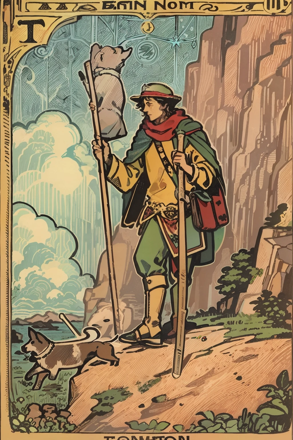 tarot card, the fool, man, bindle, stick and bag, cliff, dog