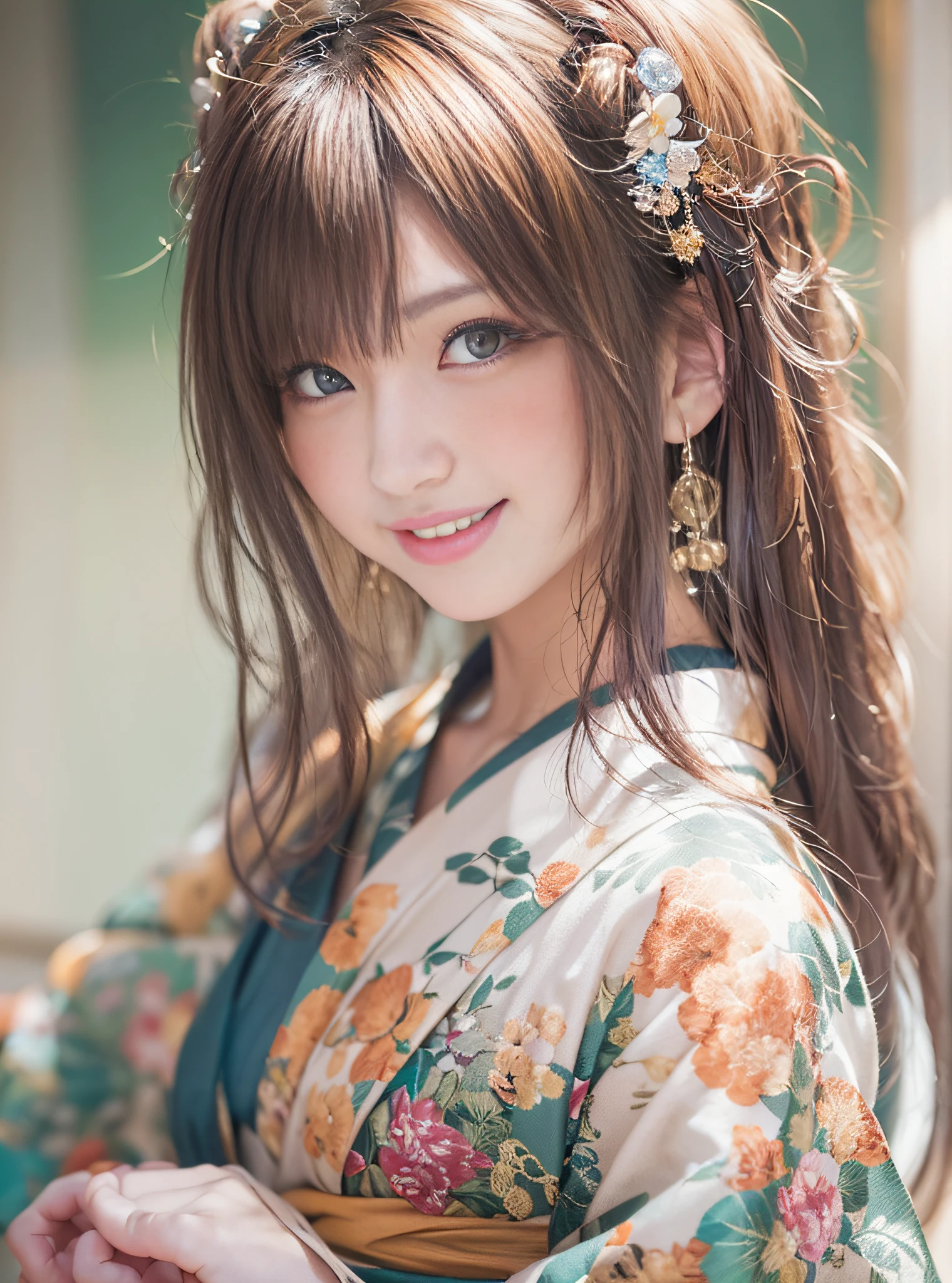 beautiful japanese female、Kimono、large full breasts、(top-quality、8K、32K、masterpiece、nffsw:1.3)、(Photorealsitic:1.4)、Raw photography、Look at the horizon、A smile