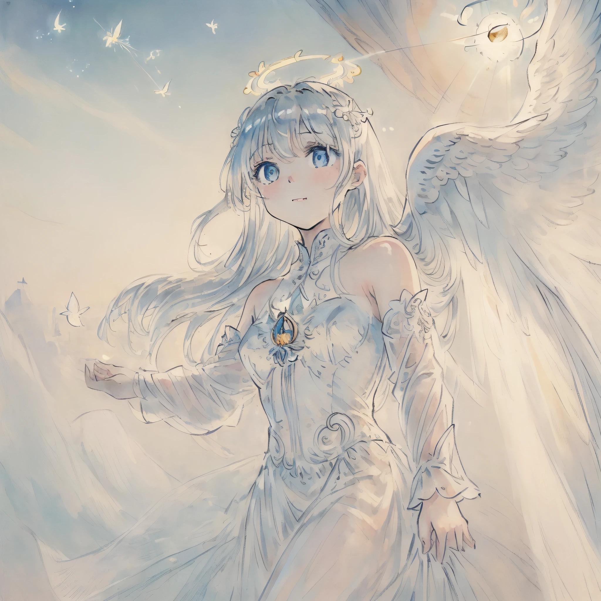 (((masterpiece))), (((best quality))), ((ultra-detailed)), (illustration), (detailed light),((an extremely delicate and beautiful)),(beautiful detailed eyes), (sunlight),(angel),solo,young girls,dynamic angle,floating, bare_shoulders,looking_at_viewer ,wings ,arms_up,halo,Floating white silk,(Holy Light),just like silver stars imploding we absorb the light of day